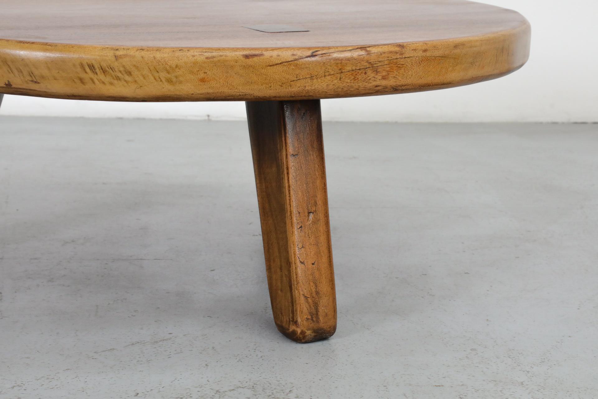 Pierre Chapo Inspired Round Brutalist Oak Coffee Table with Exposed Tenons 10