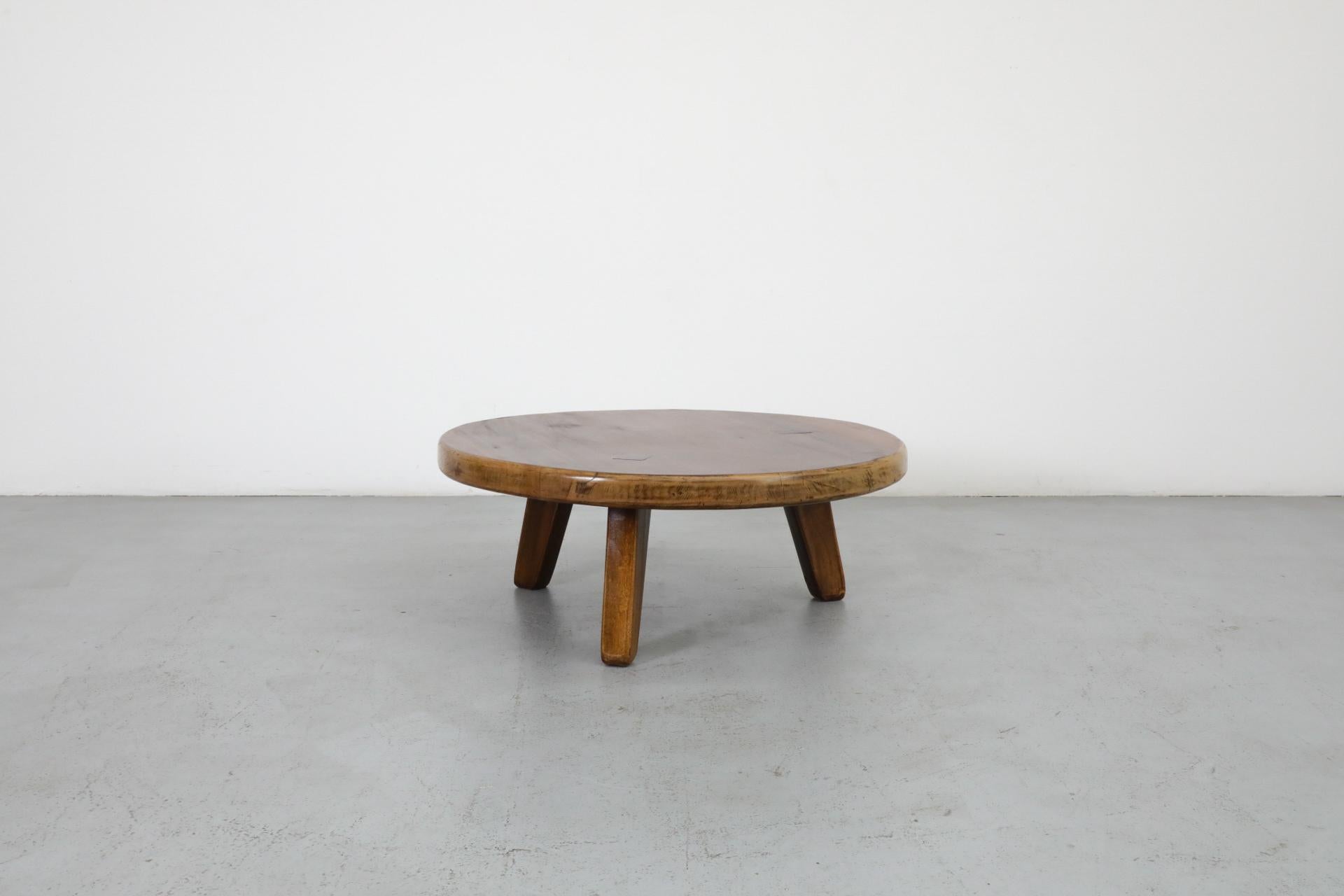 Dutch Pierre Chapo Inspired Round Brutalist Oak Coffee Table with Exposed Tenons