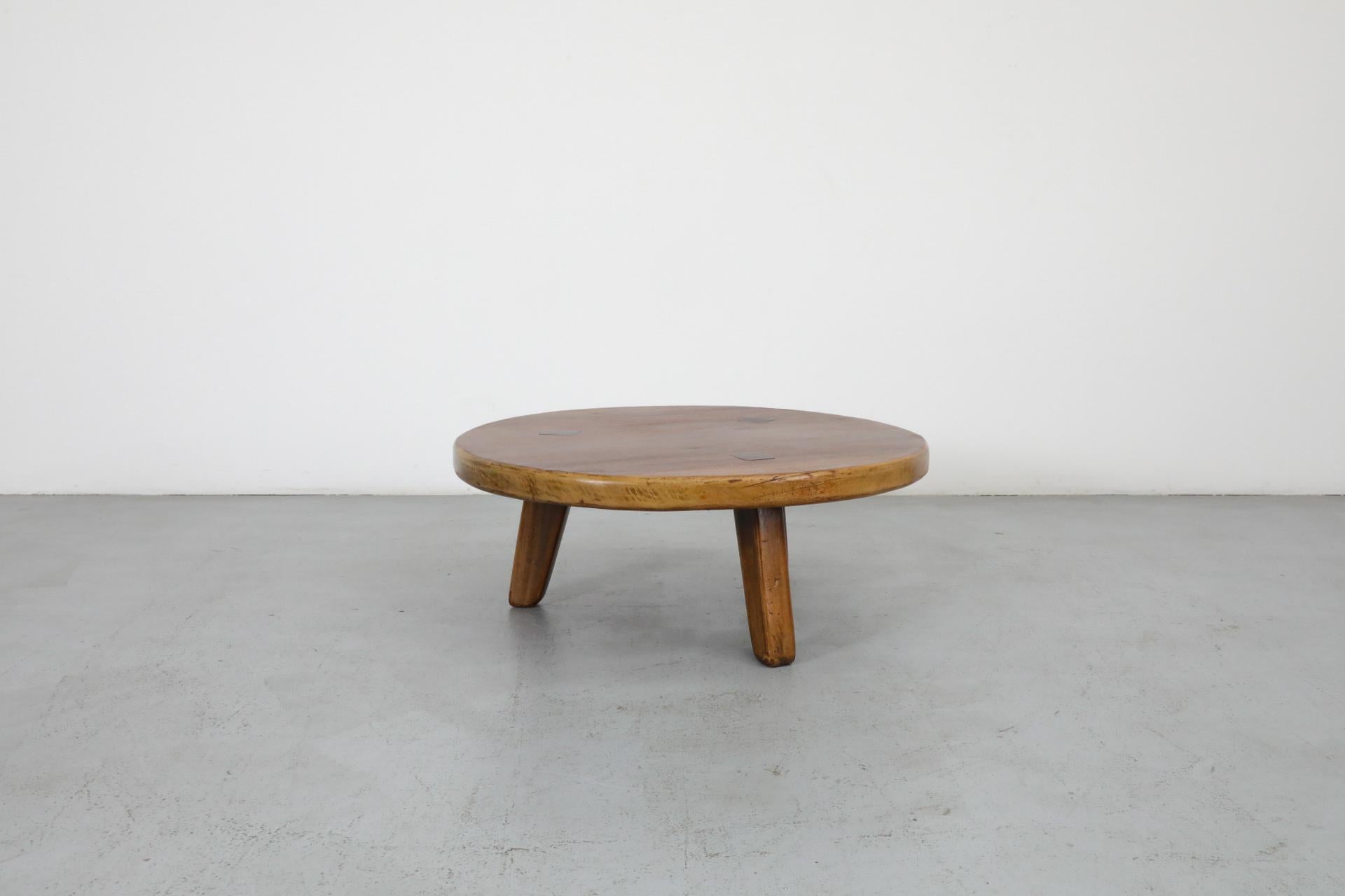 20th Century Pierre Chapo Inspired Round Brutalist Oak Coffee Table with Exposed Tenons
