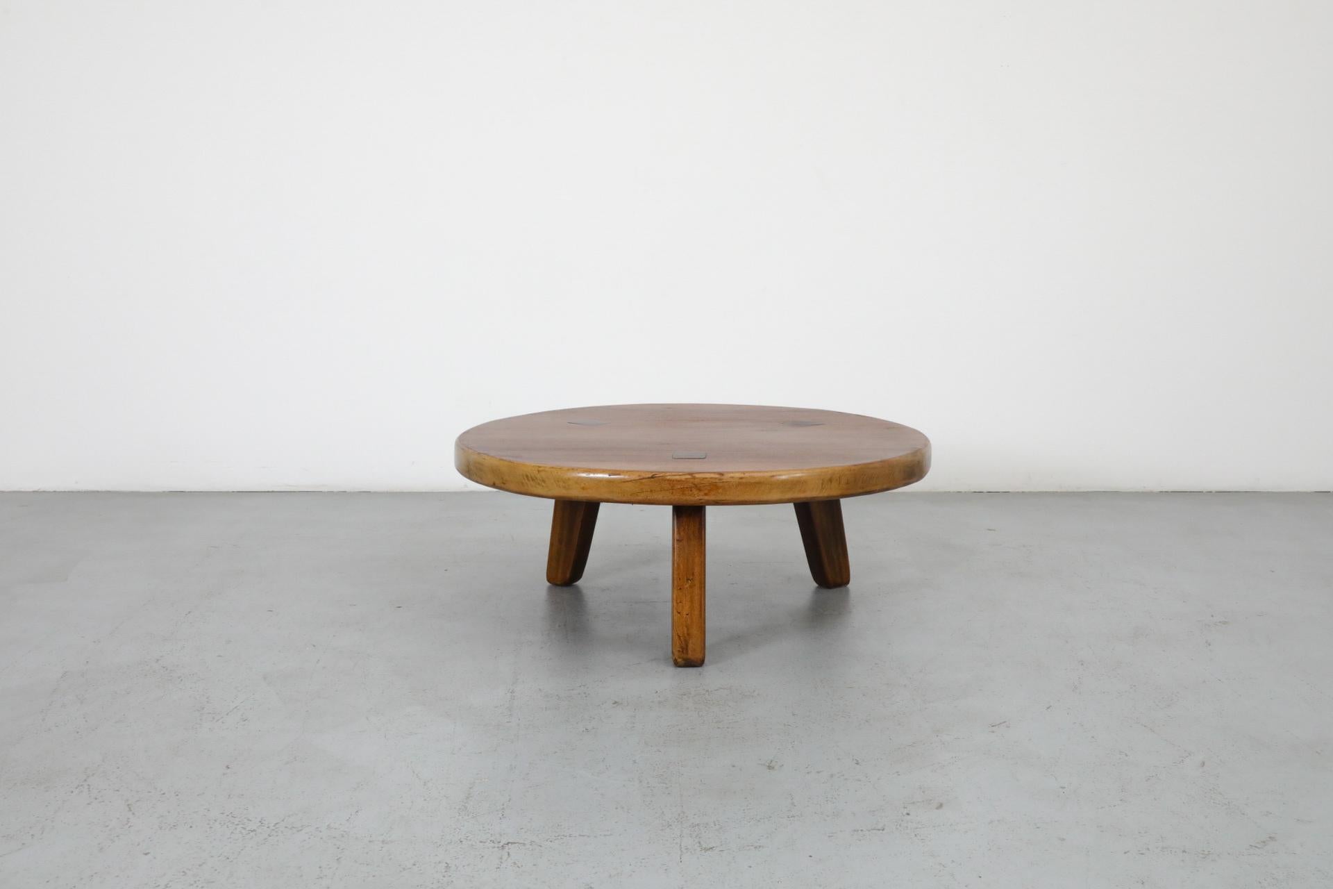 Pierre Chapo Inspired Round Brutalist Oak Coffee Table with Exposed Tenons 1