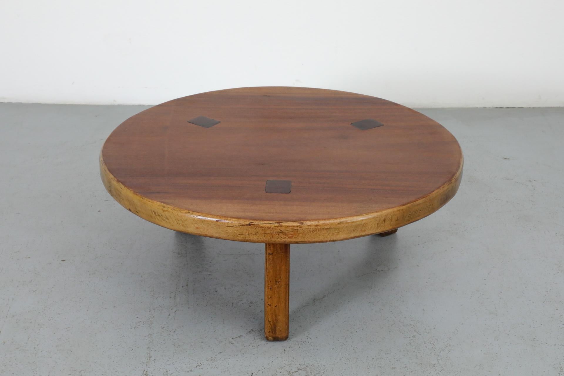 Pierre Chapo Inspired Round Brutalist Oak Coffee Table with Exposed Tenons 2