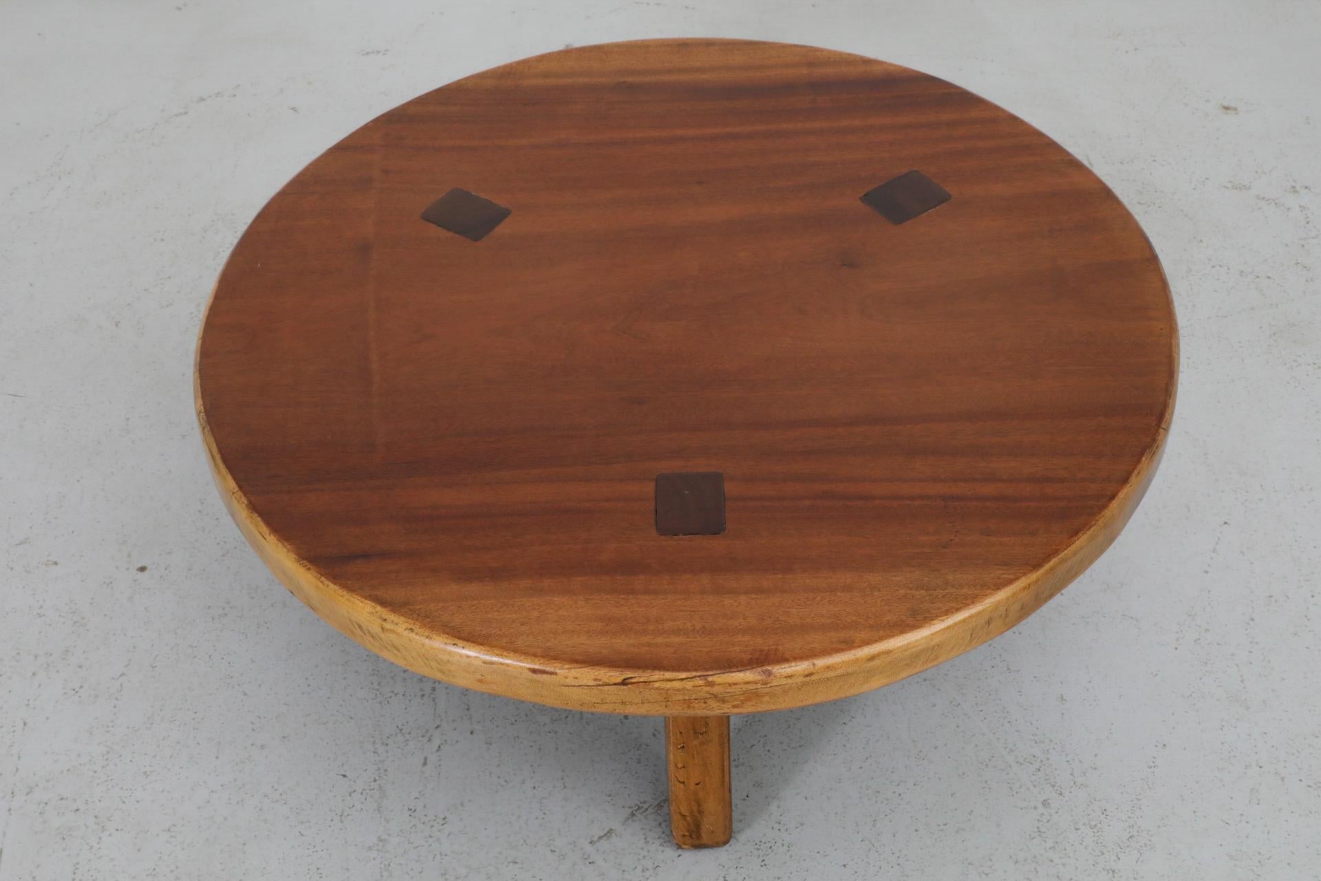 Pierre Chapo Inspired Round Brutalist Oak Coffee Table with Exposed Tenons 3