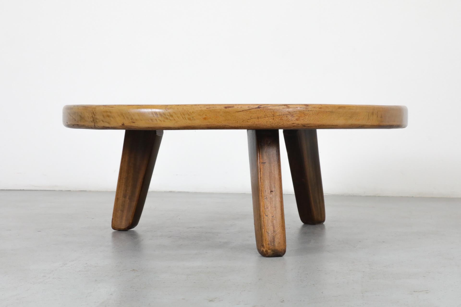 Pierre Chapo Inspired Round Brutalist Oak Coffee Table with Exposed Tenons 4