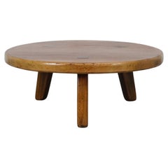 Pierre Chapo Inspired Round Brutalist Oak Coffee Table with Exposed Tenons