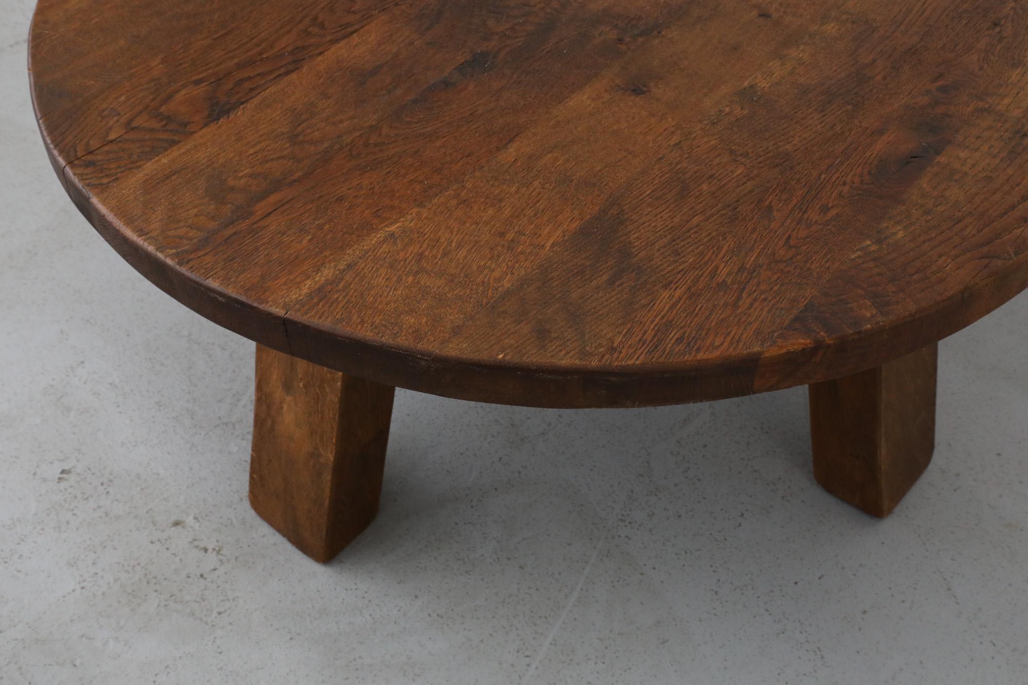 Pierre Chapo Inspired Round Oak Brutalist Coffee Table 5