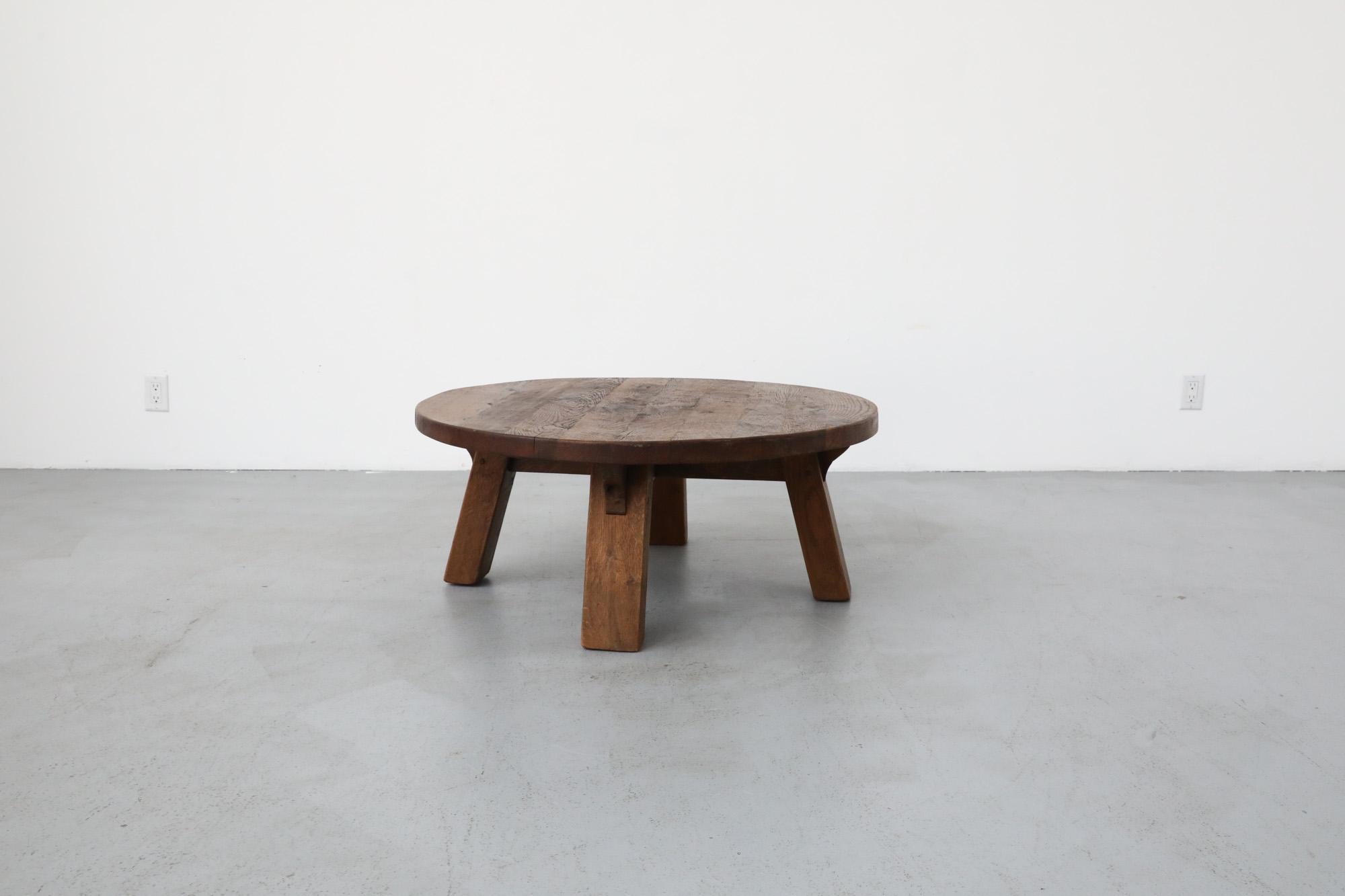 Pierre Chapo Inspired Round Oak Brutalist Coffee Table In Good Condition In Los Angeles, CA