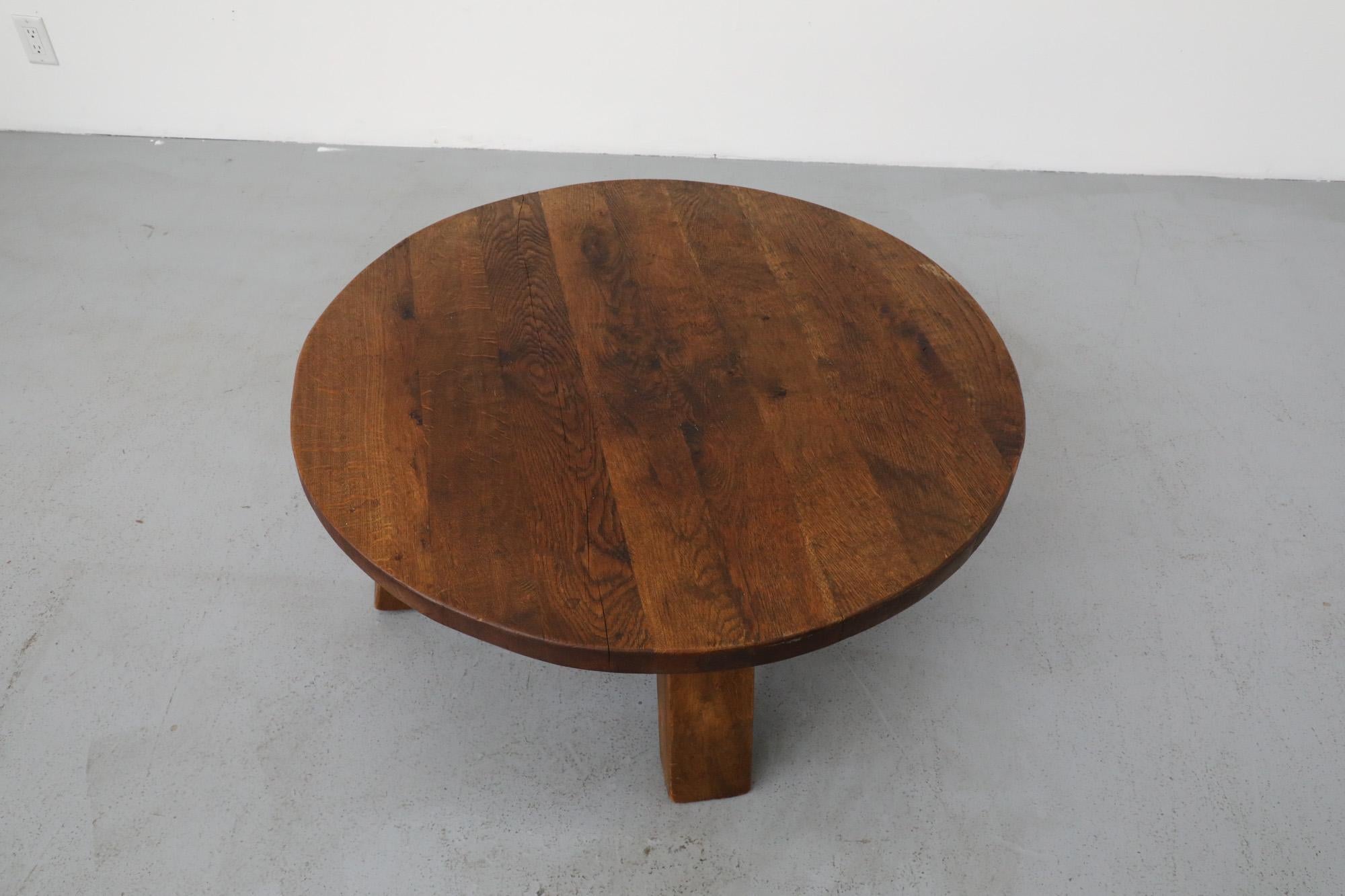 Pierre Chapo Inspired Round Oak Brutalist Coffee Table 3