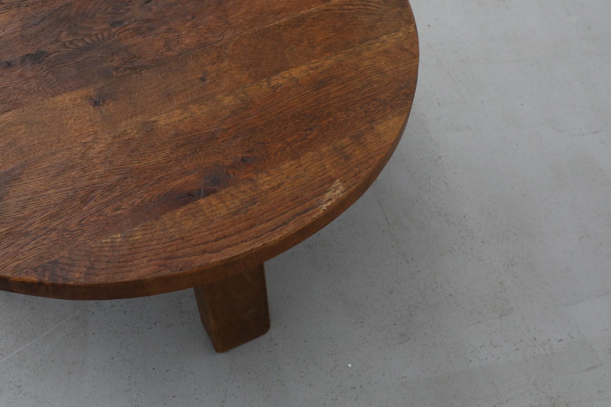Pierre Chapo Inspired Round Oak Brutalist Coffee Table 4