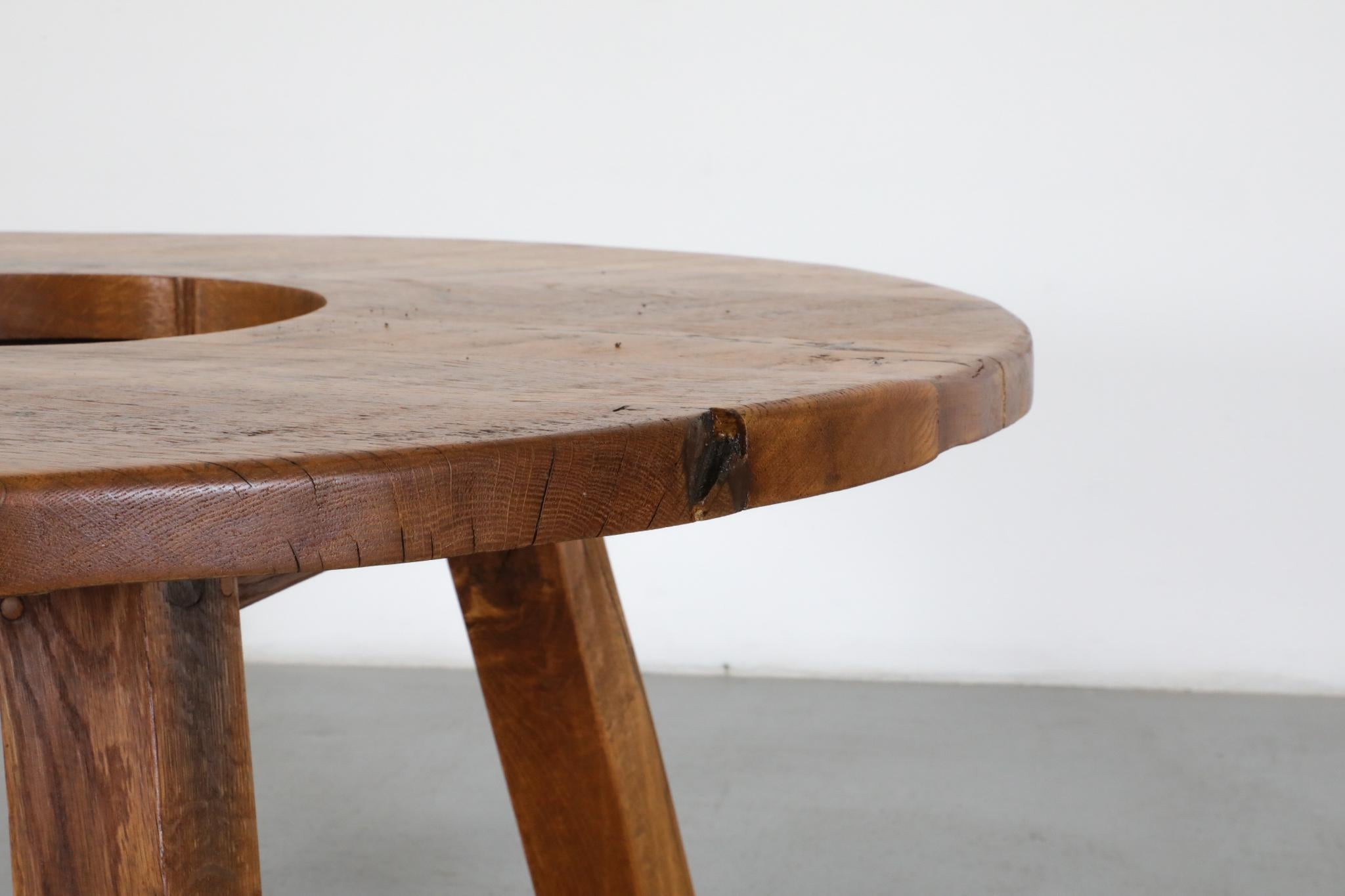 Pierre Chapo Inspired Solid Oak Brutalist Coffee Table with Center Cut-Out For Sale 8