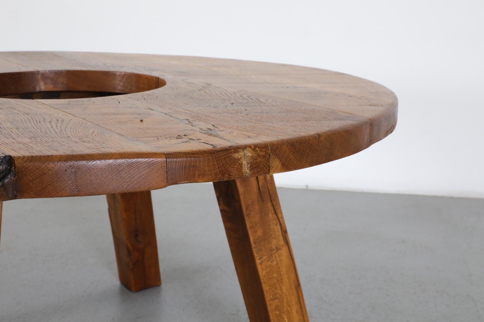 Pierre Chapo Inspired Solid Oak Brutalist Coffee Table with Center Cut-Out For Sale 9