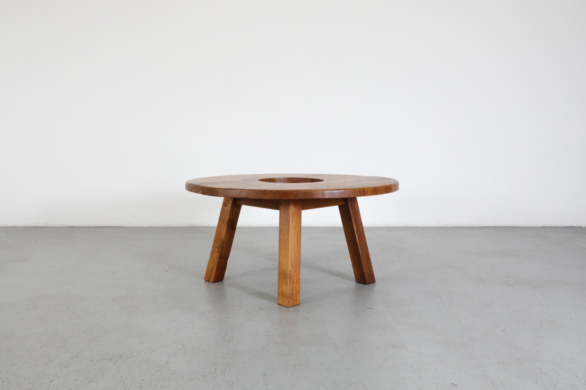 Dutch Pierre Chapo Inspired Solid Oak Brutalist Coffee Table with Center Cut-Out For Sale