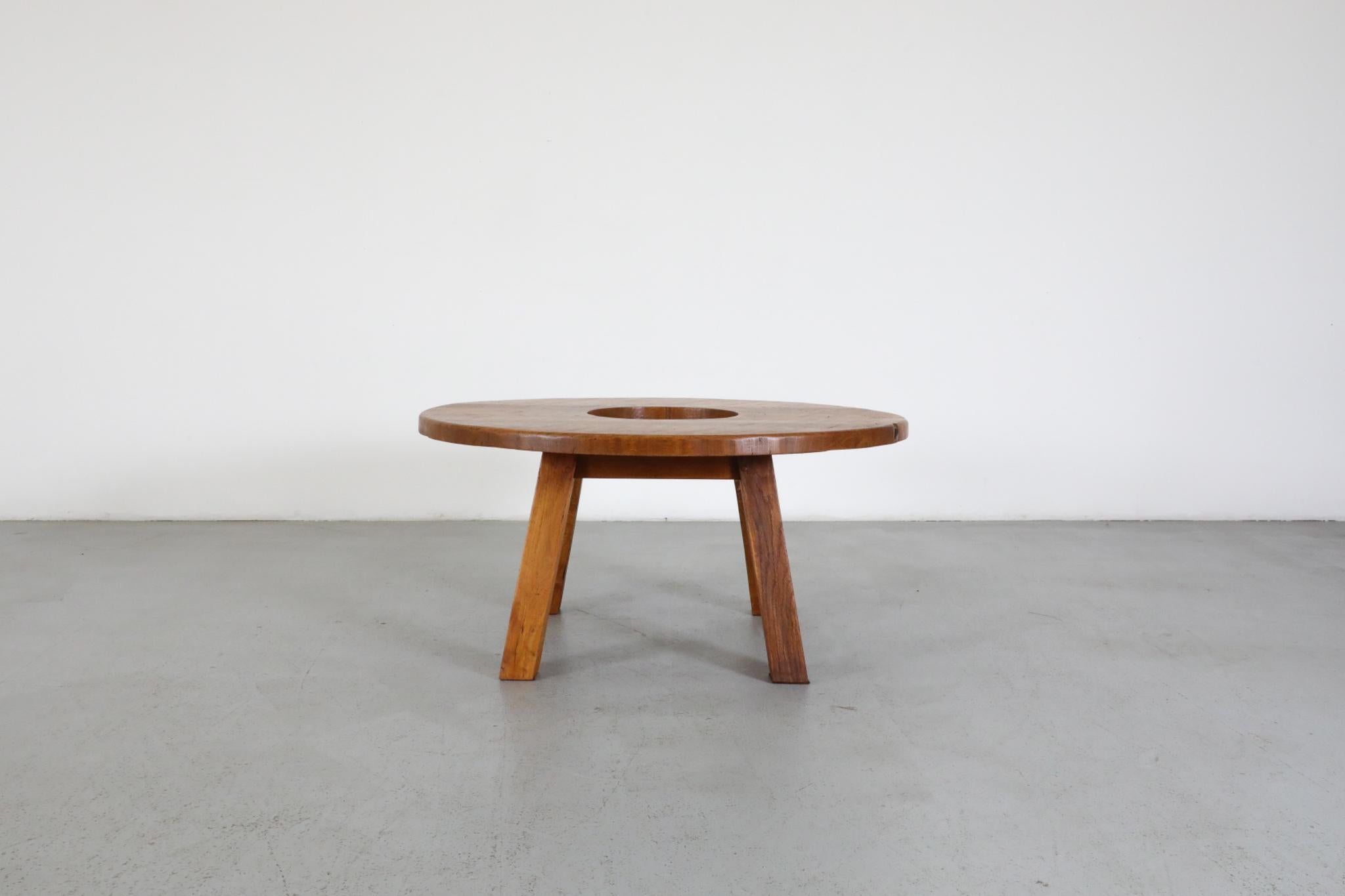 Pierre Chapo Inspired Solid Oak Brutalist Coffee Table with Center Cut-Out In Good Condition For Sale In Los Angeles, CA