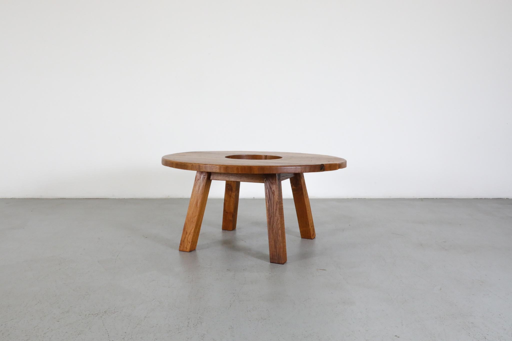 20th Century Pierre Chapo Inspired Solid Oak Brutalist Coffee Table with Center Cut-Out For Sale