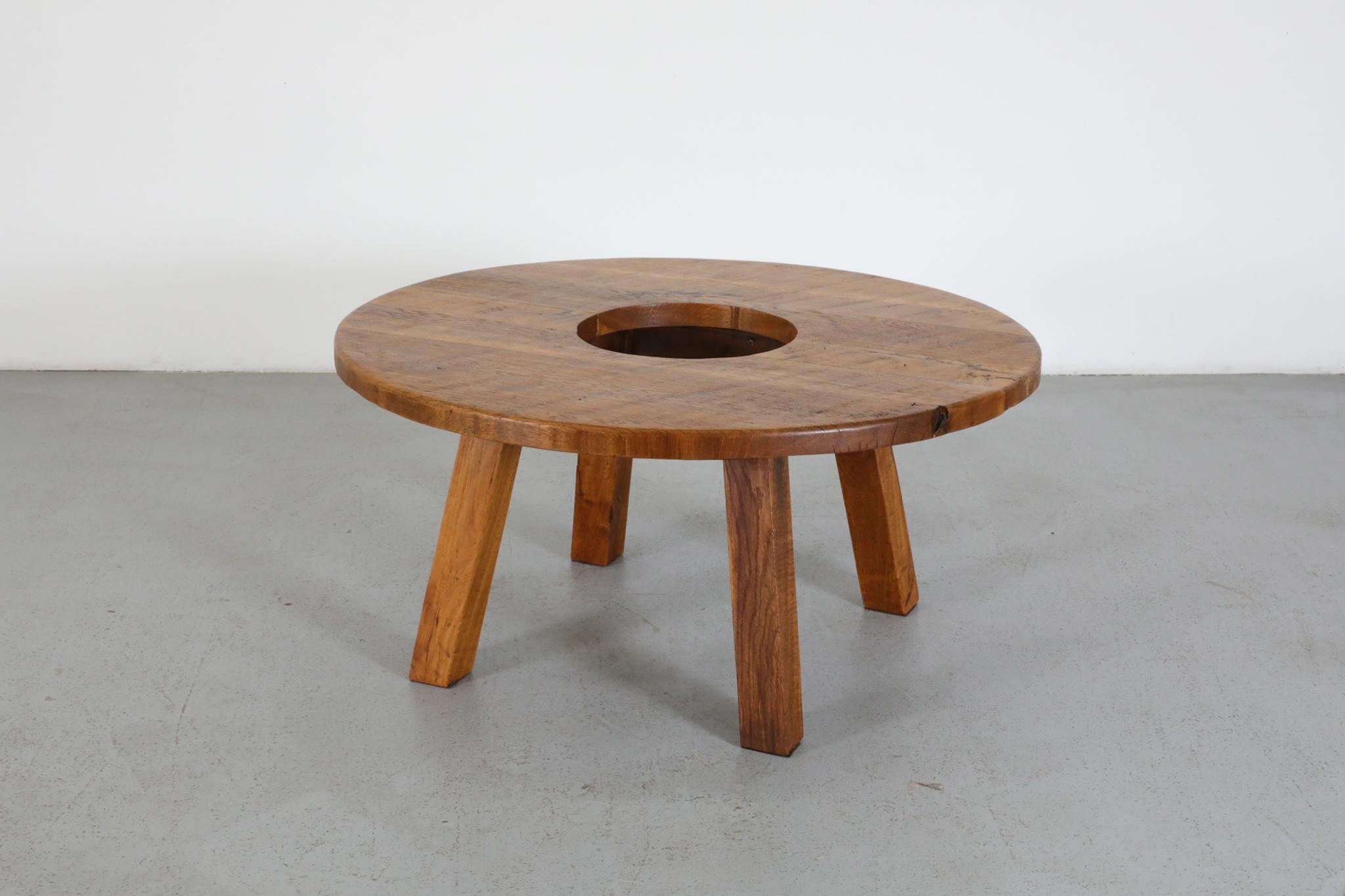 Pierre Chapo Inspired Solid Oak Brutalist Coffee Table with Center Cut-Out For Sale 1