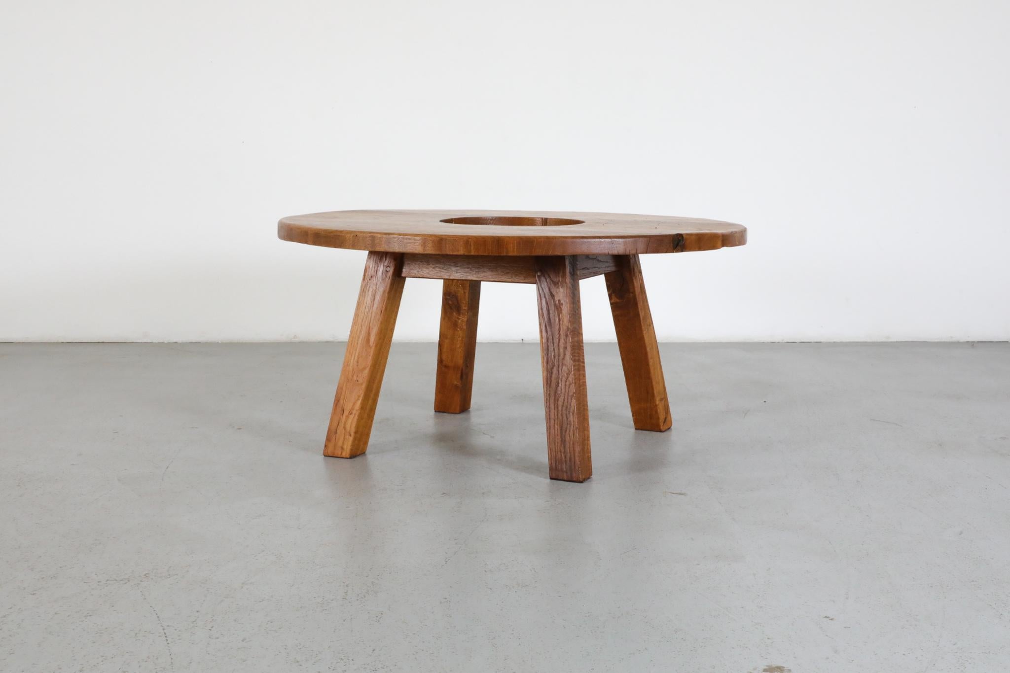 Pierre Chapo Inspired Solid Oak Brutalist Coffee Table with Center Cut-Out For Sale 2