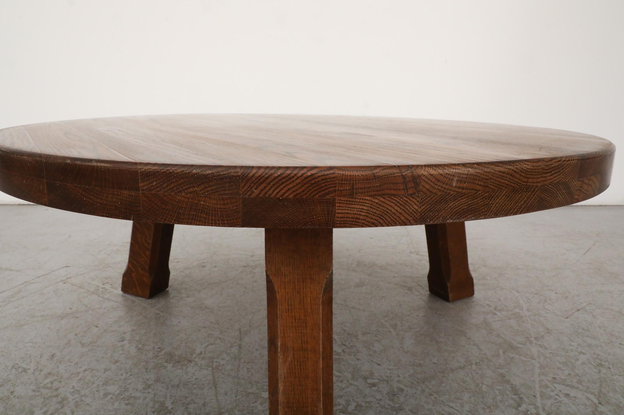 Pierre Chapo Inspired Stunning Heavy Brutalist Round Dark Oak Coffee Table For Sale 3