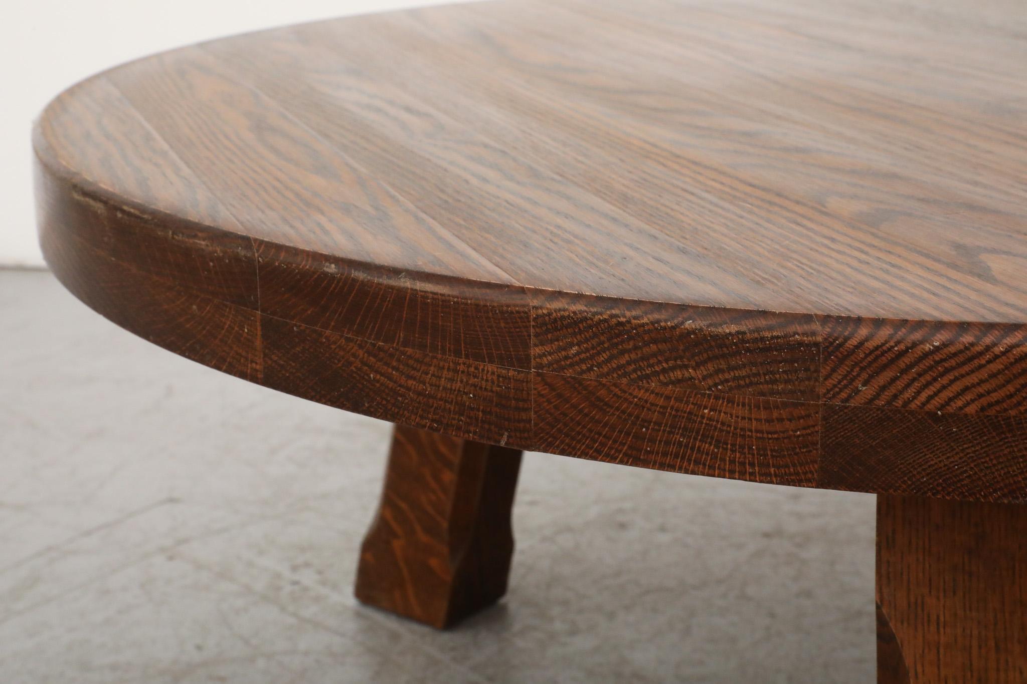 Pierre Chapo Inspired Stunning Heavy Brutalist Round Dark Oak Coffee Table For Sale 4