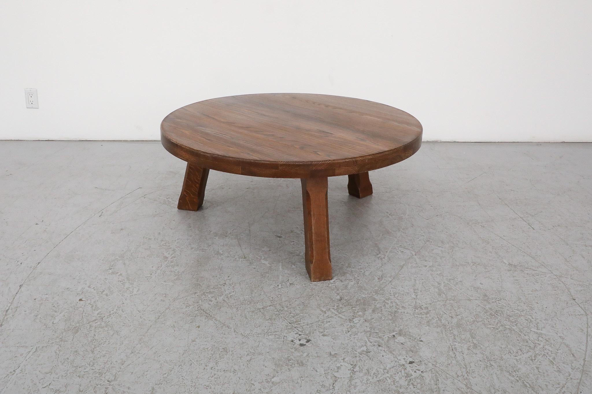 Pierre Chapo Inspired Stunning Heavy Brutalist Round Dark Oak Coffee Table For Sale 7