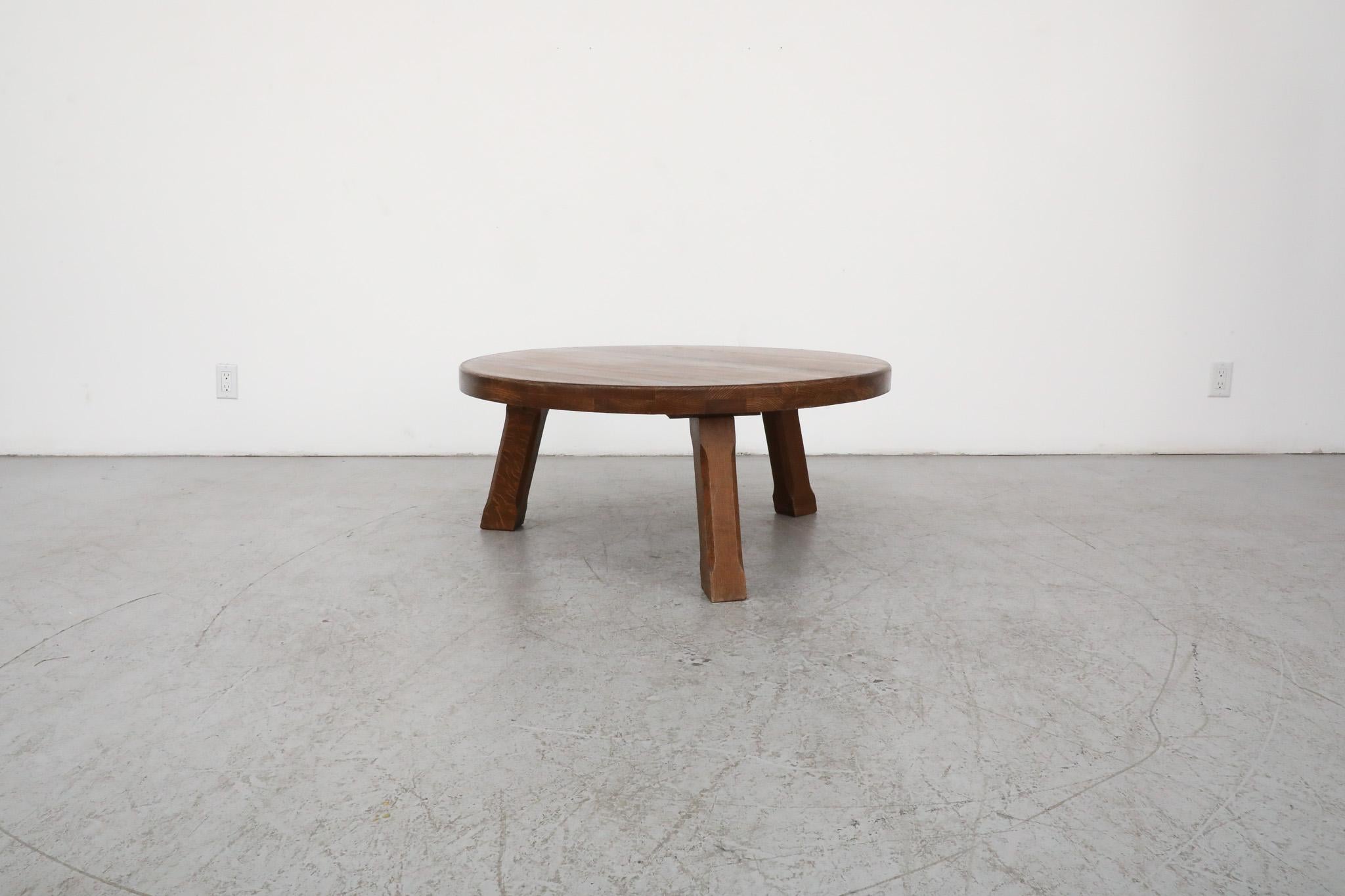 Mid-Century Modern Pierre Chapo Inspired Stunning Heavy Brutalist Round Dark Oak Coffee Table For Sale