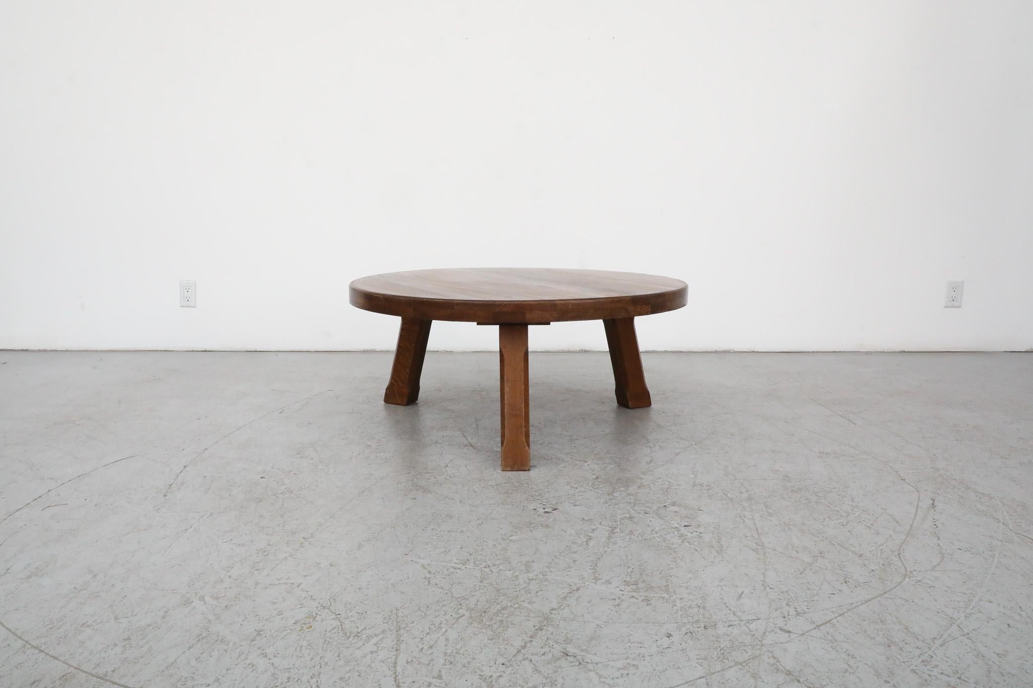 Pierre Chapo Inspired Stunning Heavy Brutalist Round Dark Oak Coffee Table In Good Condition For Sale In Los Angeles, CA