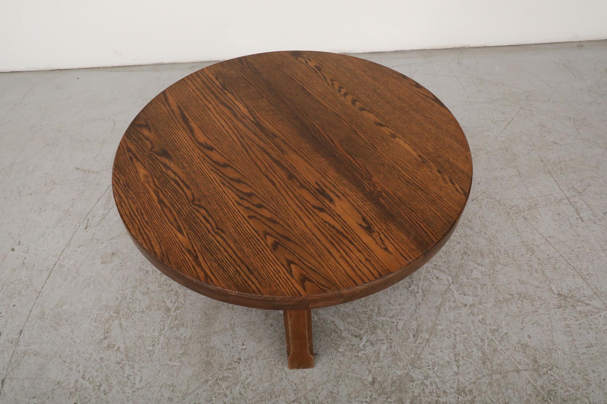 Mid-20th Century Pierre Chapo Inspired Stunning Heavy Brutalist Round Dark Oak Coffee Table For Sale