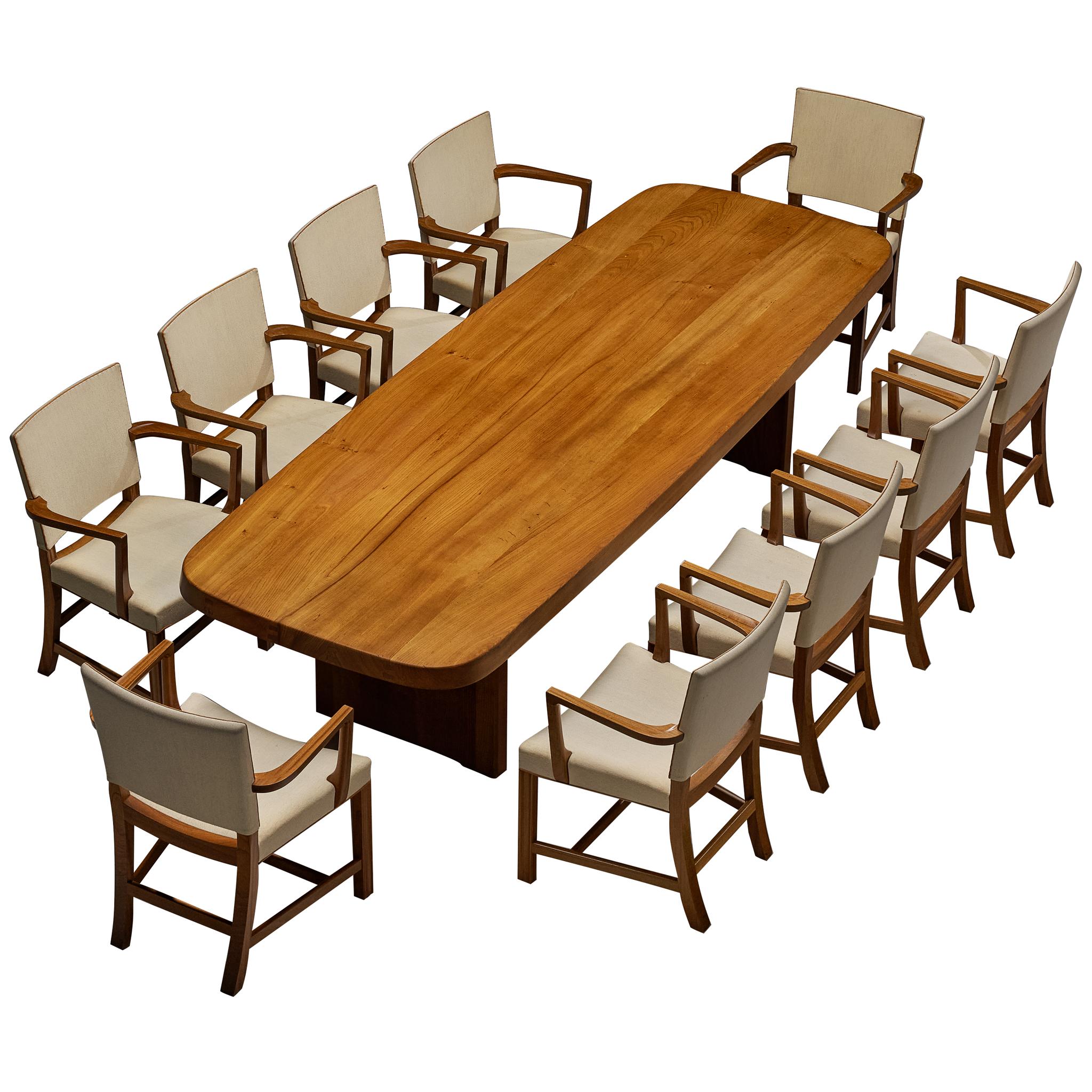Pierre Chapo Large 'T20B' Dining Table with Set of Ten Kaare Klint Dining Chairs