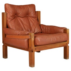 Pierre Chapo Lounge Chair S15 in Elm Wood and Original Leather 1970s