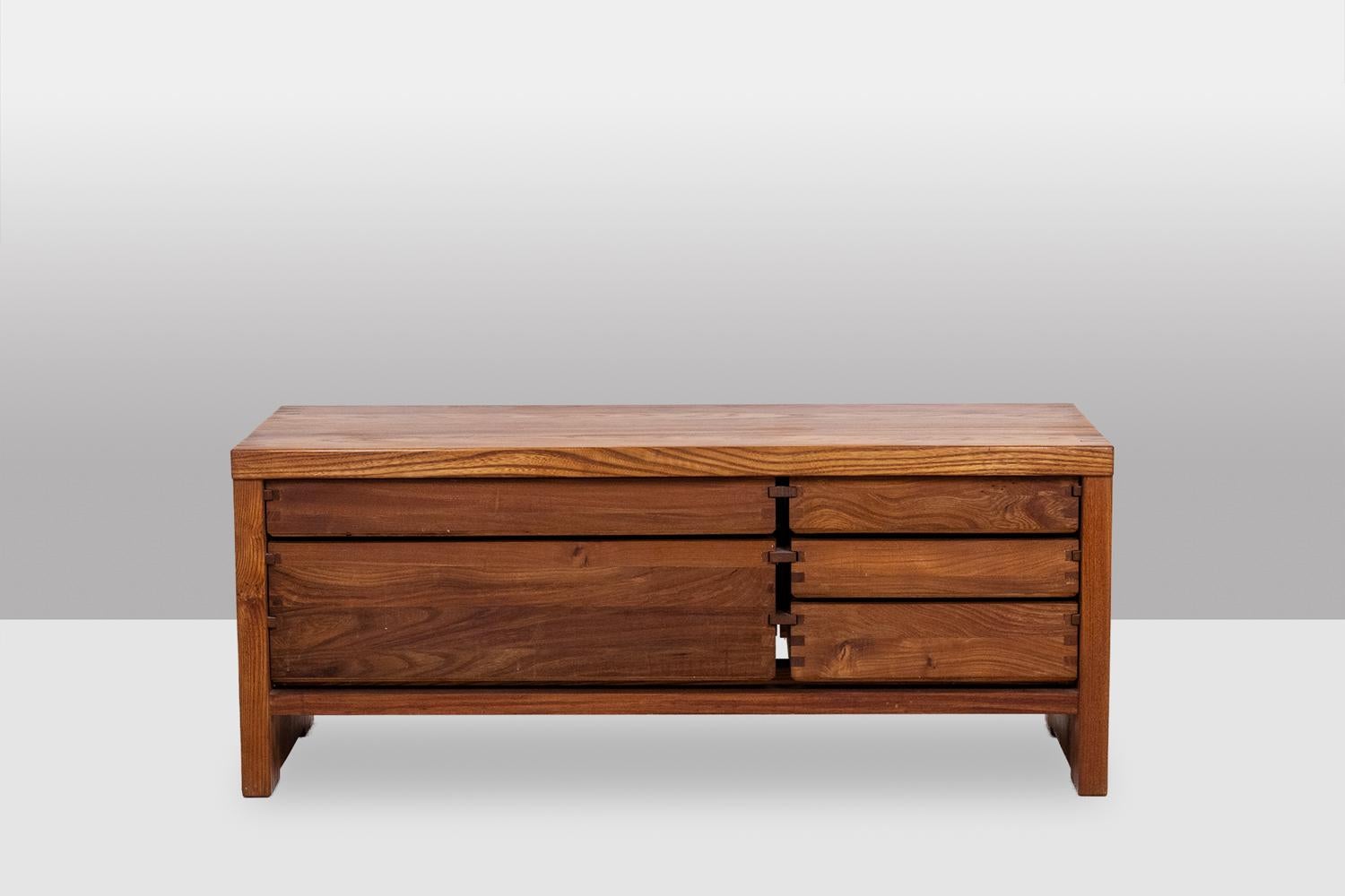 20th Century Pierre Chapo. Low chest of drawers in blond elm. Circa 1970. For Sale