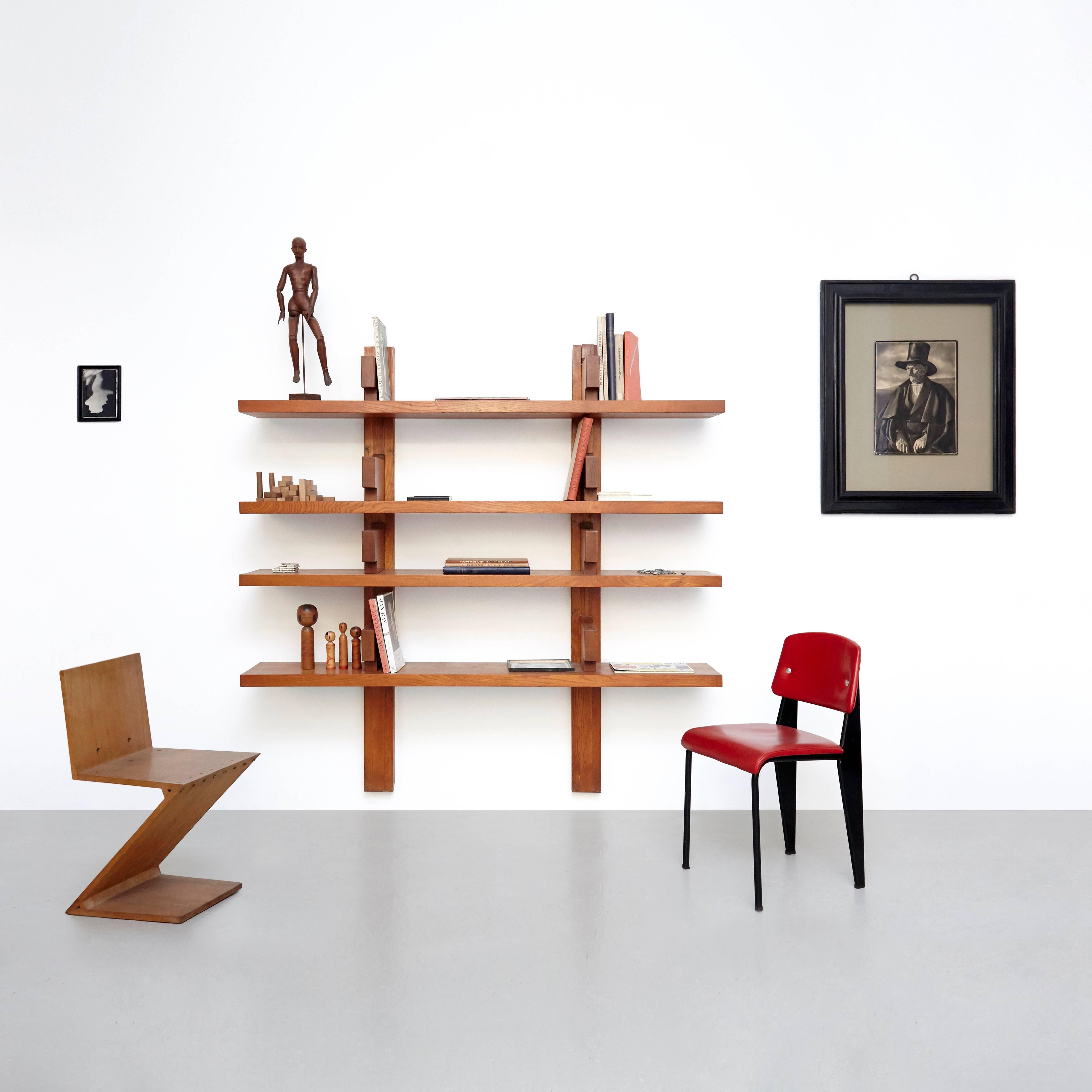 French Pierre Chapo Mid-Century Modern Wood Wall-Mounted Book Shelves, circa 1960