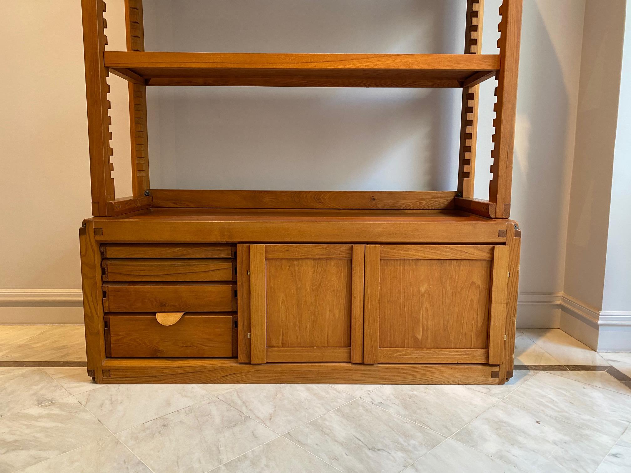 European Pierre Chapo Midcentury Solid Elm Library Cabinet For Sale