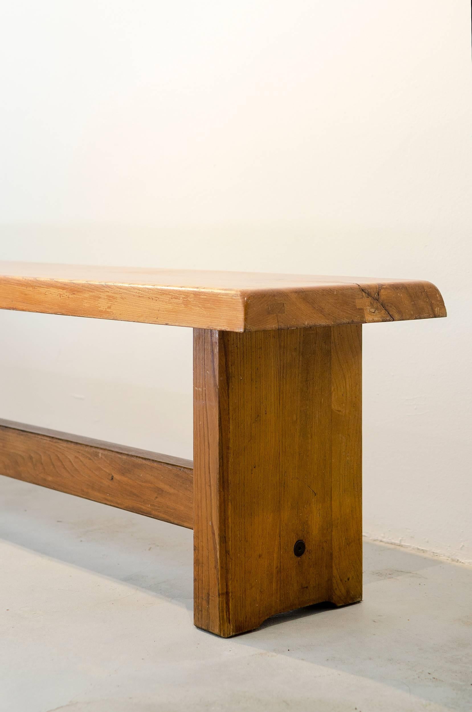 Woodwork Pierre Chapo Midcentury Solid Elm Wood French Bench, 1960s