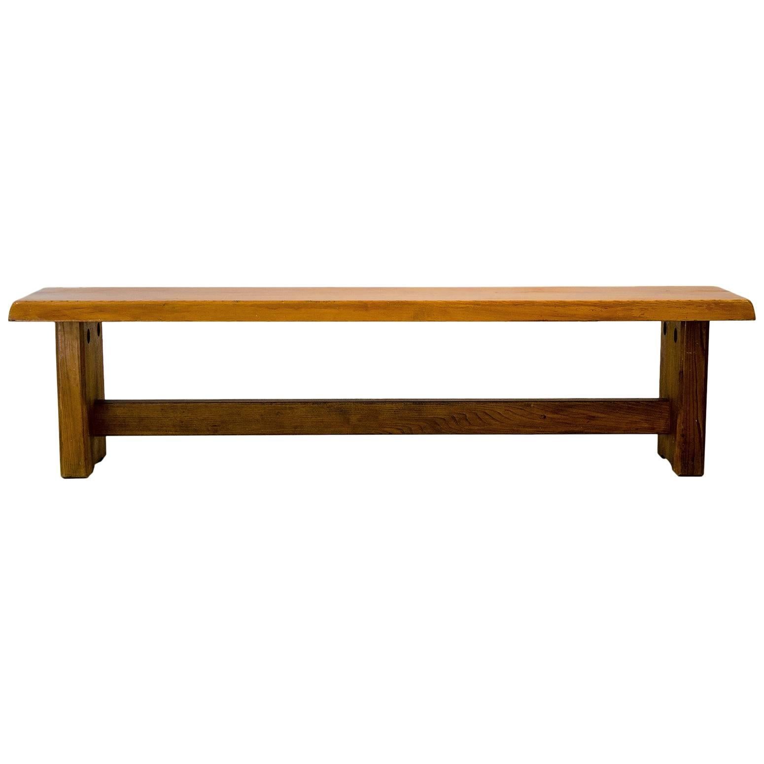 Pierre Chapo Midcentury Solid Elm Wood French Bench, 1960s
