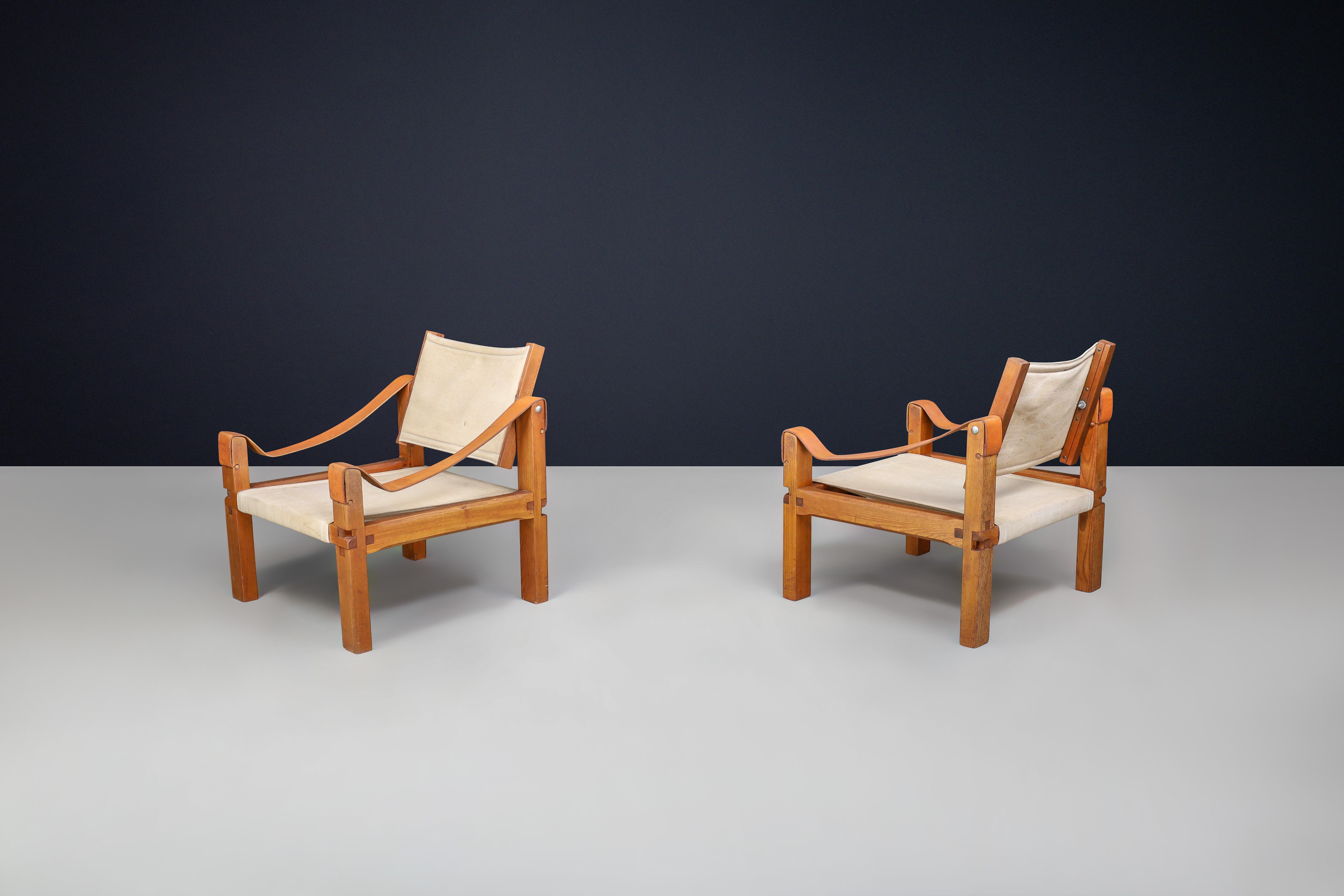 Mid-Century Modern Pierre Chapo, paire de fauteuils modèle S10 en cuir d'orme et toile, France, années 1960 en vente