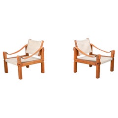 Pierre Chapo, Pair of Armchairs Model 'S10' Elm leather and canvas France 1960s