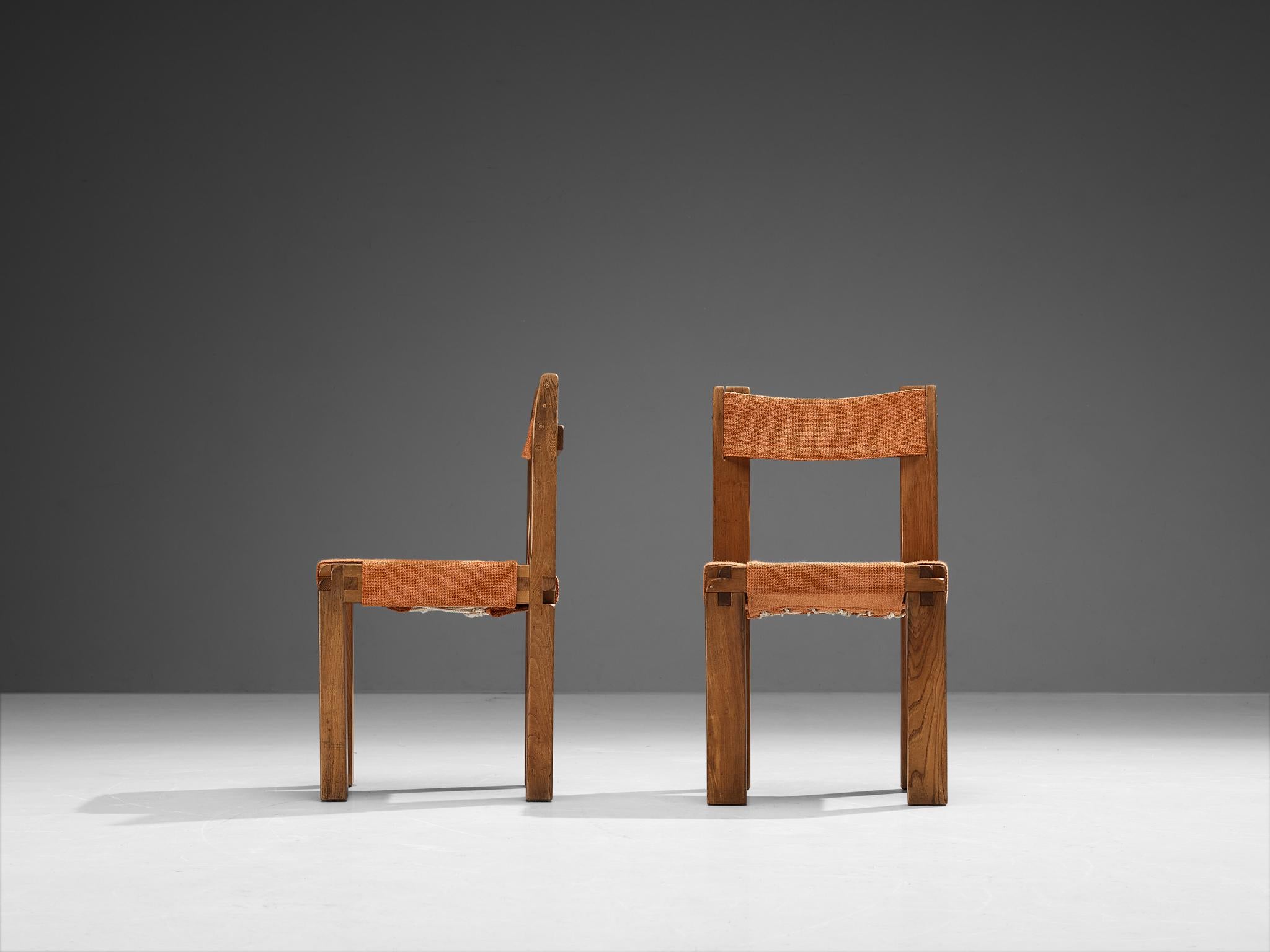 Mid-20th Century Early Pierre Chapo Pair of Dining Chairs 'S11' in Elm and Orange Upholstery