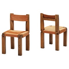 Early Pierre Chapo Pair of Dining Chairs 'S11' in Elm and Orange Upholstery
