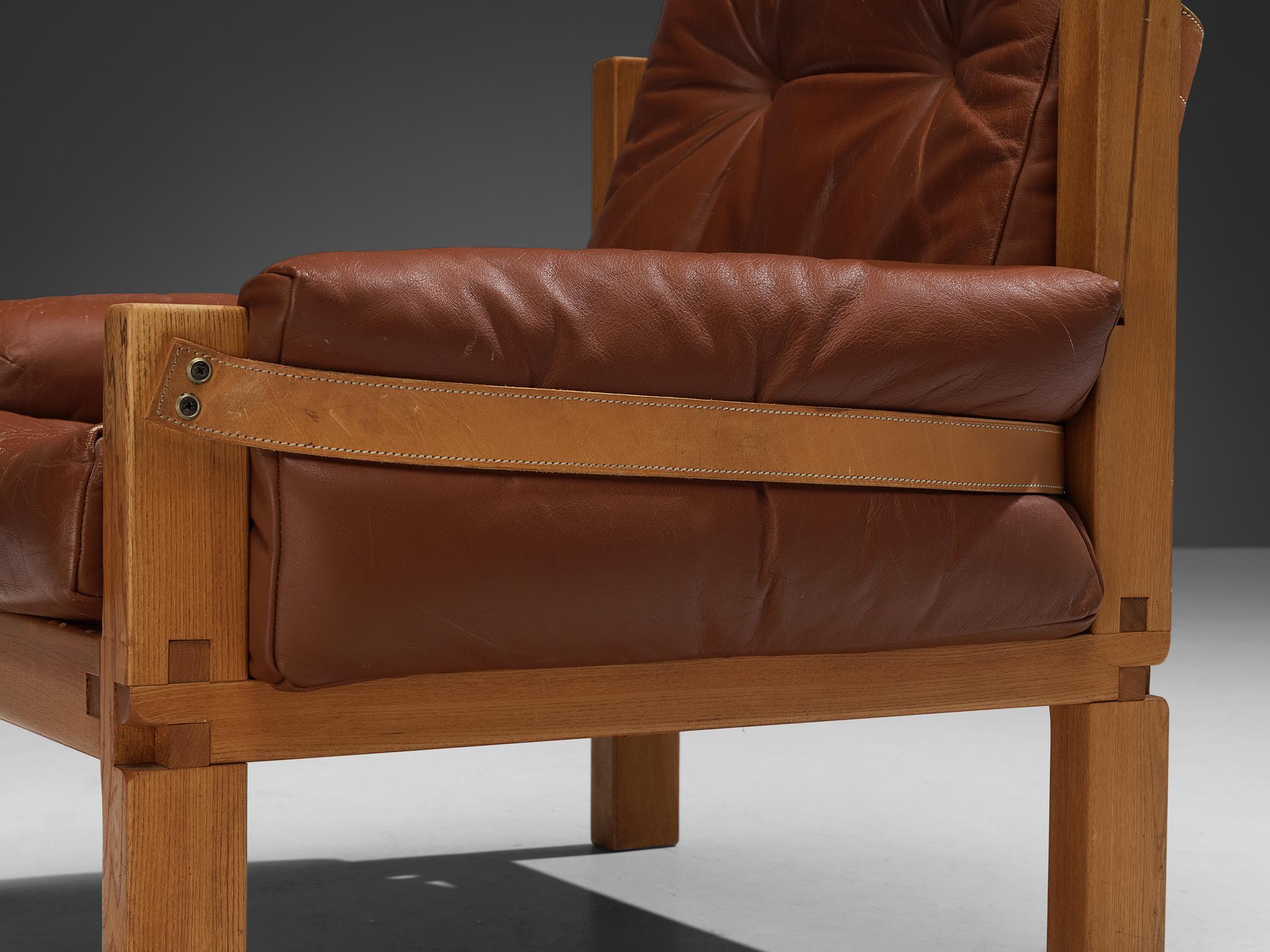 Pierre Chapo Pair of 'S15' Lounge Chairs in Elm and Brown Leather 4