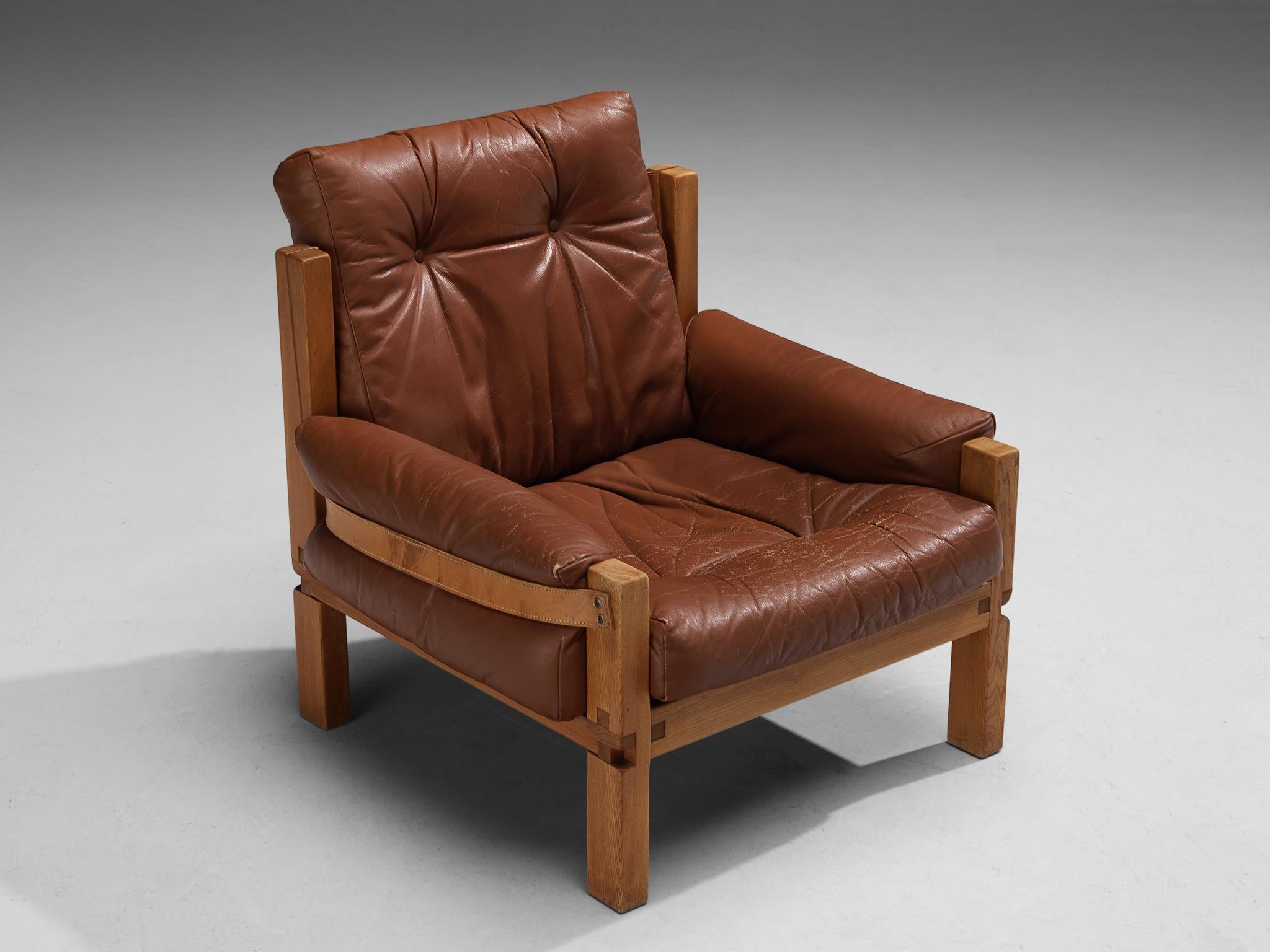 Pierre Chapo Pair of 'S15' Lounge Chairs in Elm and Brown Leather 5