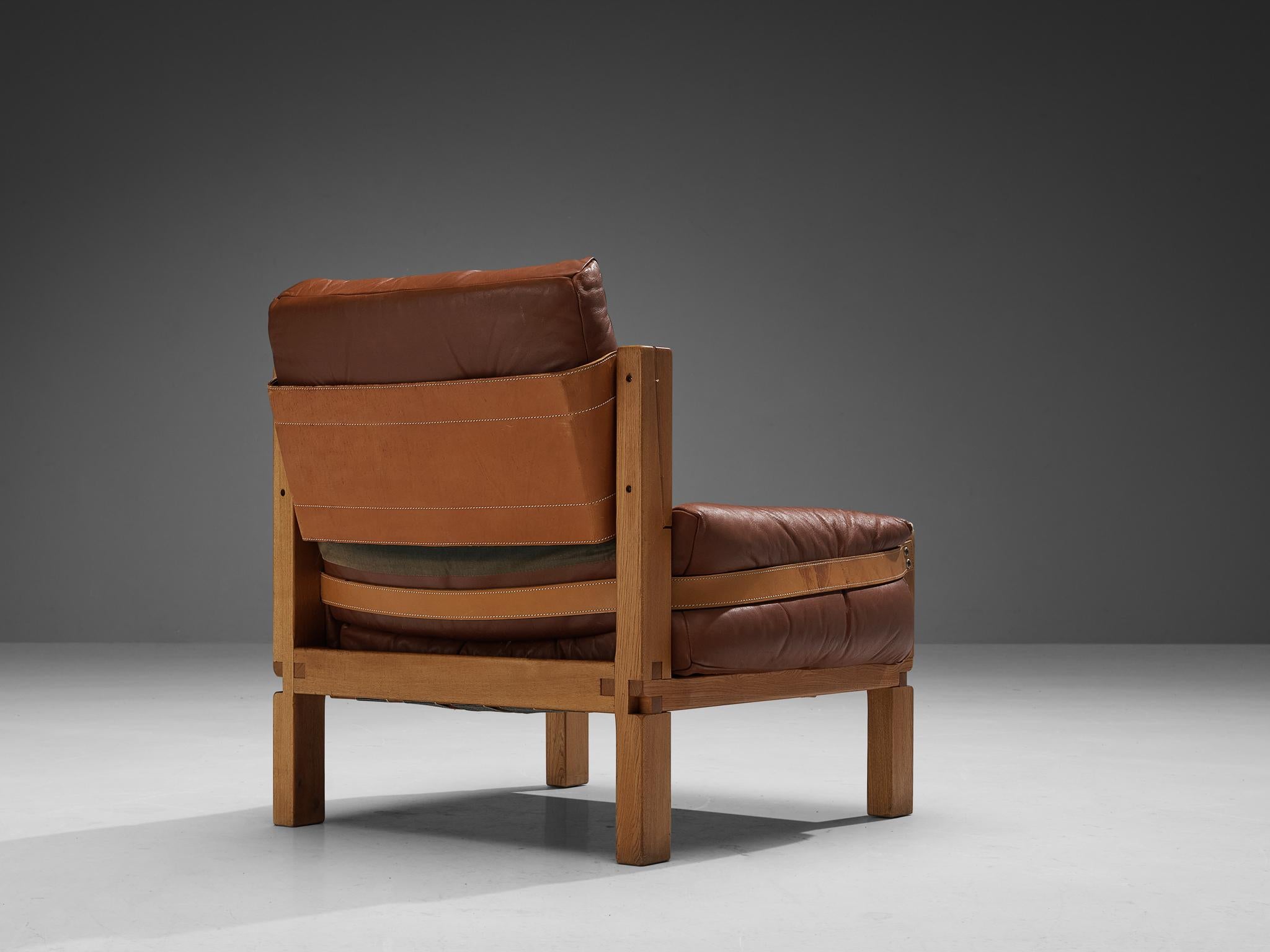 Mid-Century Modern Pierre Chapo Pair of 'S15' Lounge Chairs in Elm and Brown Leather