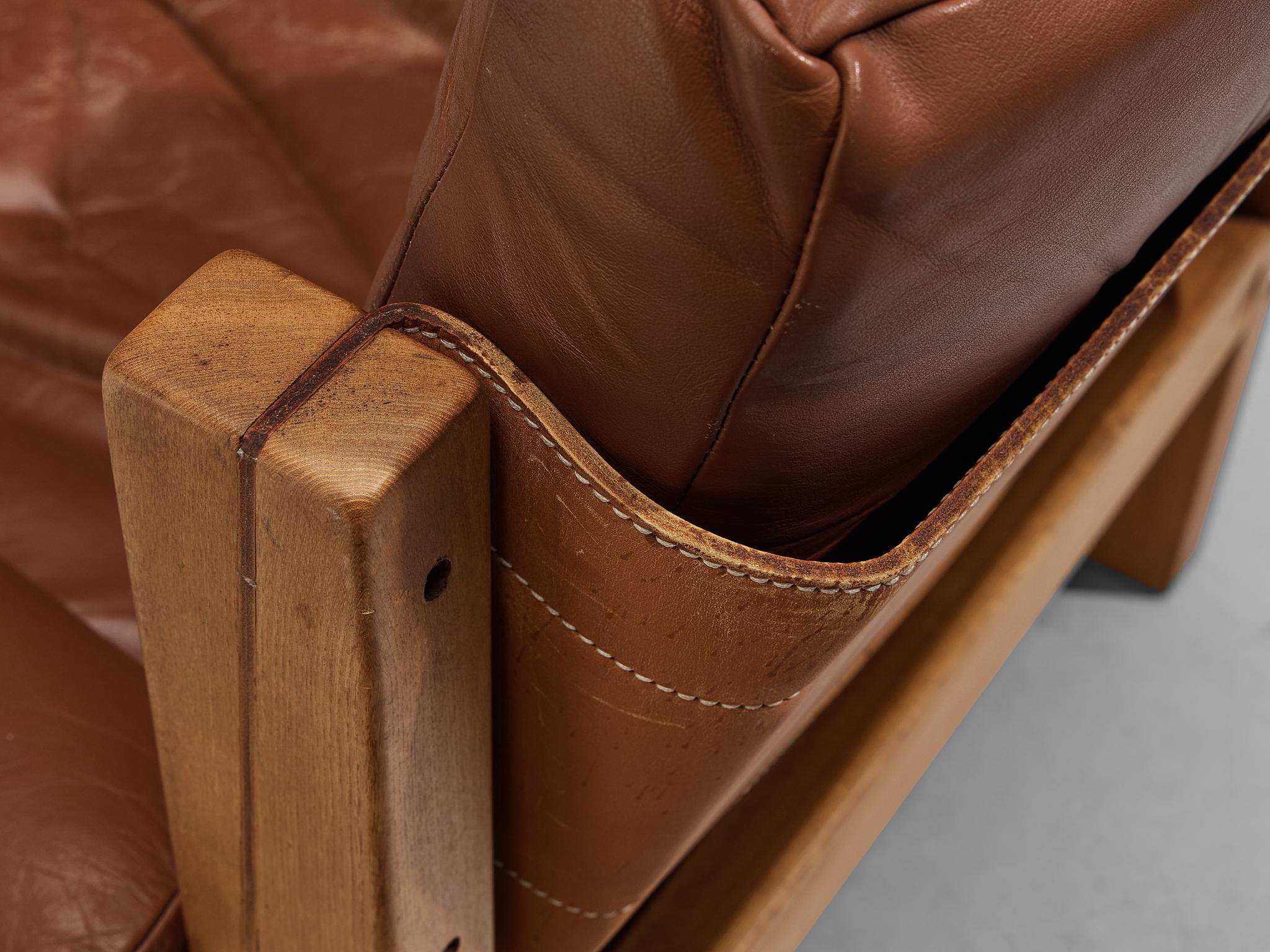 French Pierre Chapo Pair of 'S15' Lounge Chairs in Elm and Brown Leather