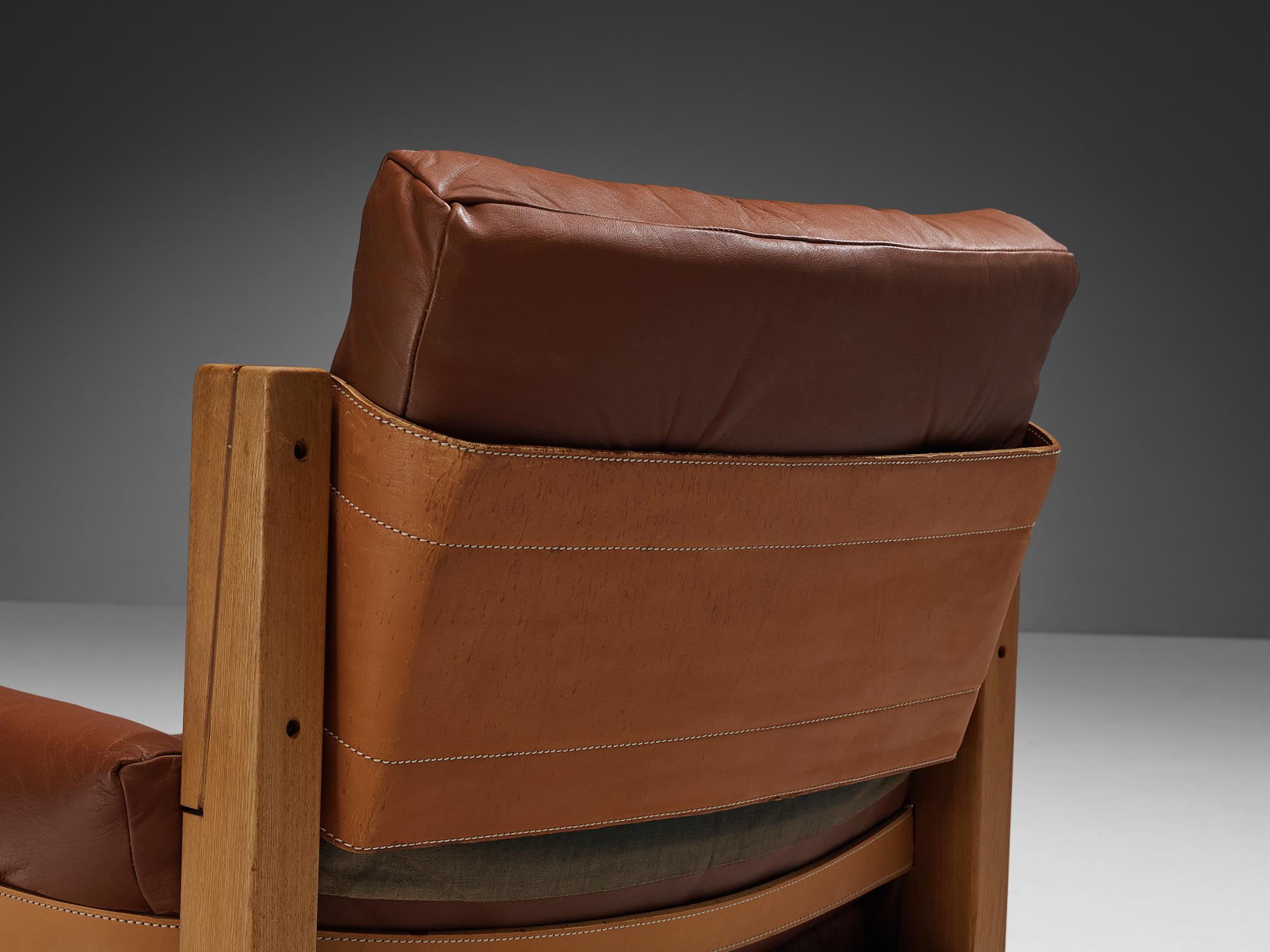 Pierre Chapo Pair of 'S15' Lounge Chairs in Elm and Brown Leather 1