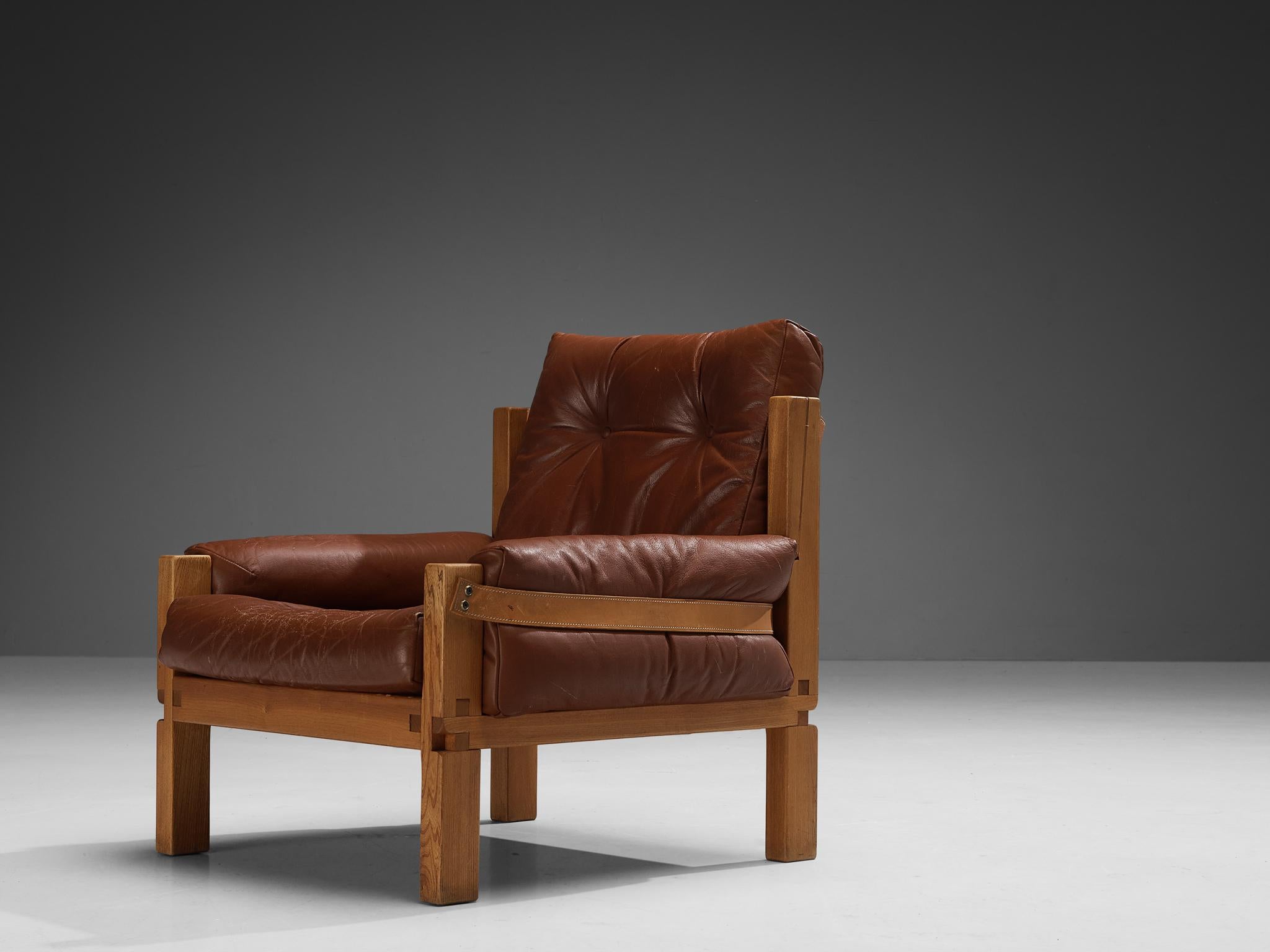 Pierre Chapo Pair of 'S15' Lounge Chairs in Elm and Brown Leather 3