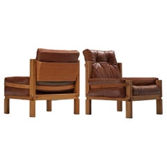 Pierre Chapo paire de fauteuils de salon S15 en orme et cuir marron