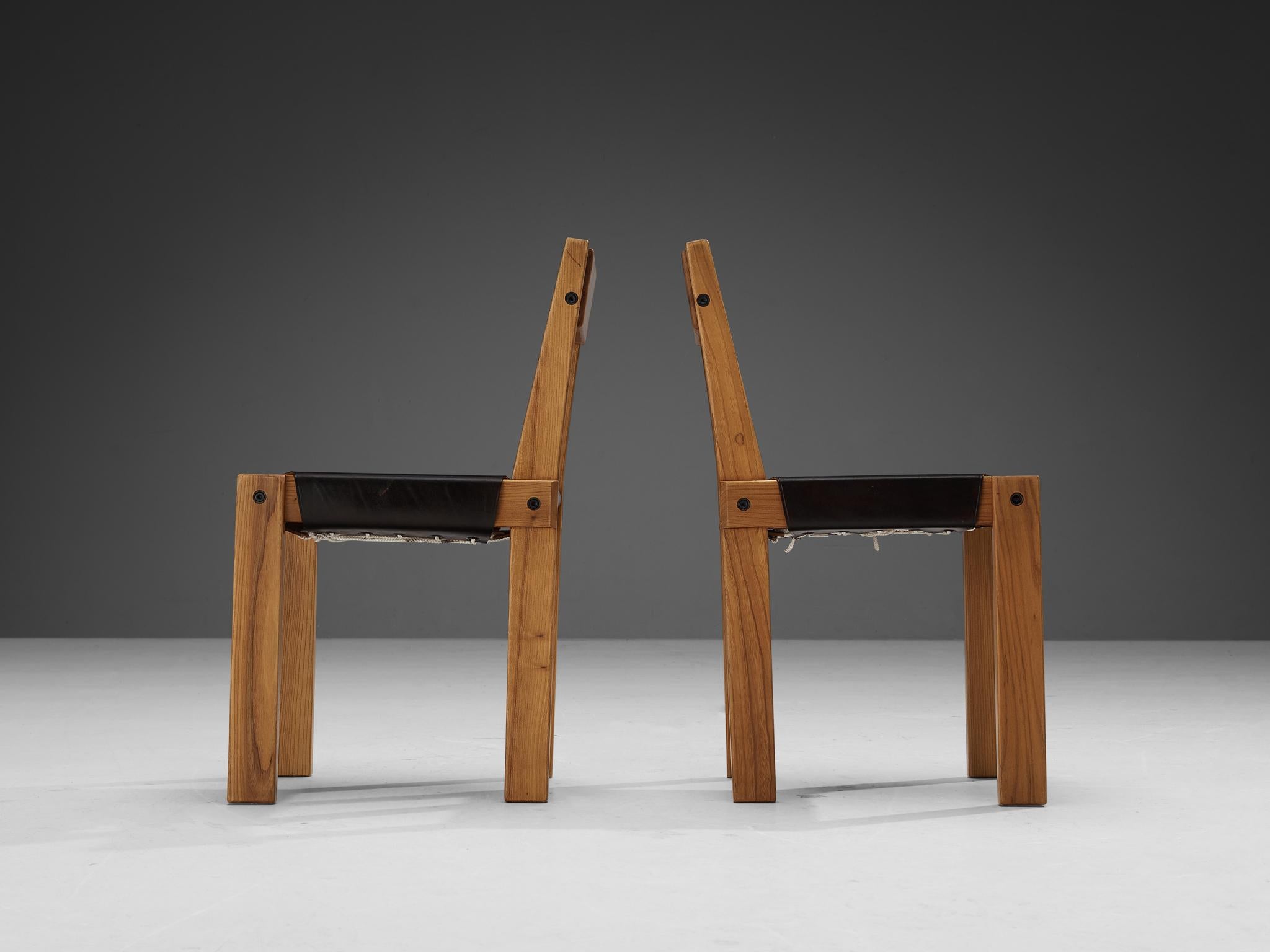 Early Pierre Chapo Pair of 'S24' Chairs in Solid Elm and Dark Brown Leather In Good Condition In Waalwijk, NL