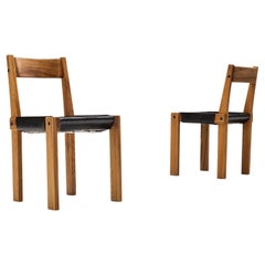 Early Pierre Chapo Pair of 'S24' Chairs in Solid Elm and Dark Brown Leather