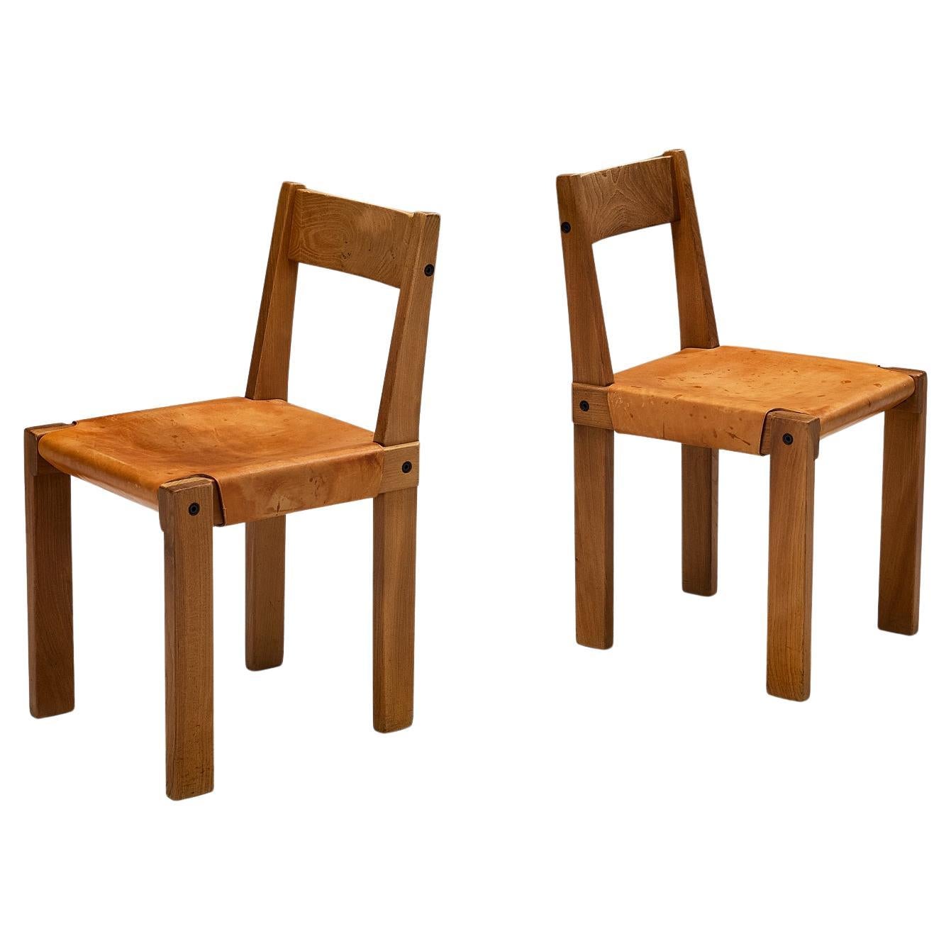 Pierre Chapo Pair of
S24
Dining Chairs in Cognac Leather and Elm