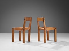 4 Pierre Chapo 'S24' Dining Chairs in Elm and Cognac Leather