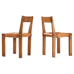 4 Pierre Chapo 'S24' Dining Chairs in Elm and Cognac Leather