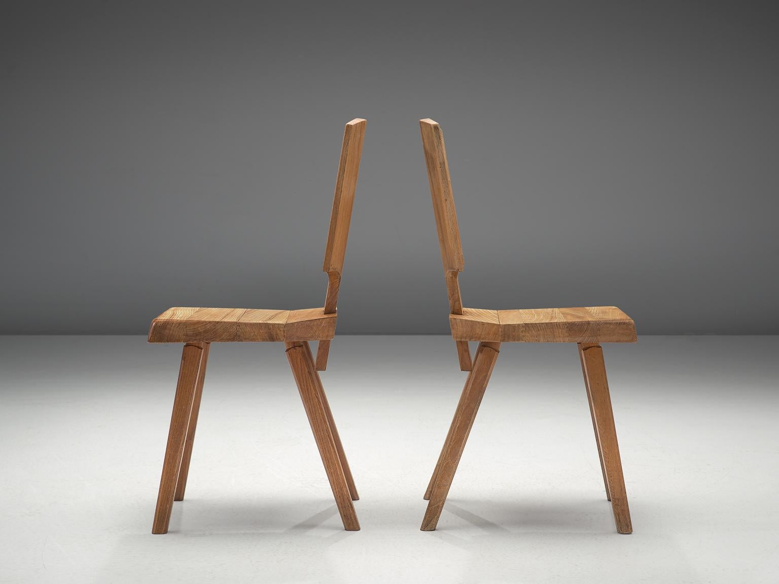 French Pierre Chapo Pair of S28 Dining Chairs in Solid Elm