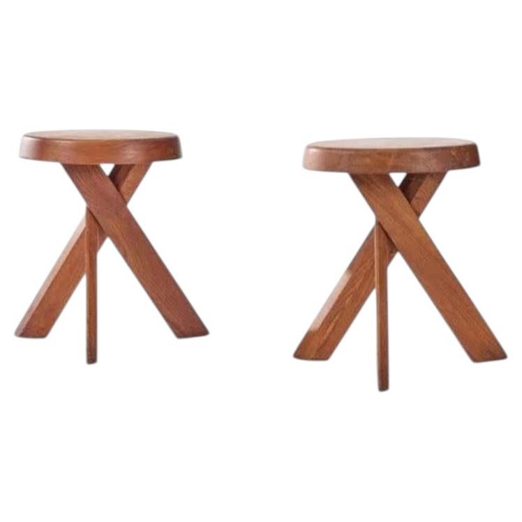 Pierre Chapo, pair of stools, model "S31A" solid elm For Sale